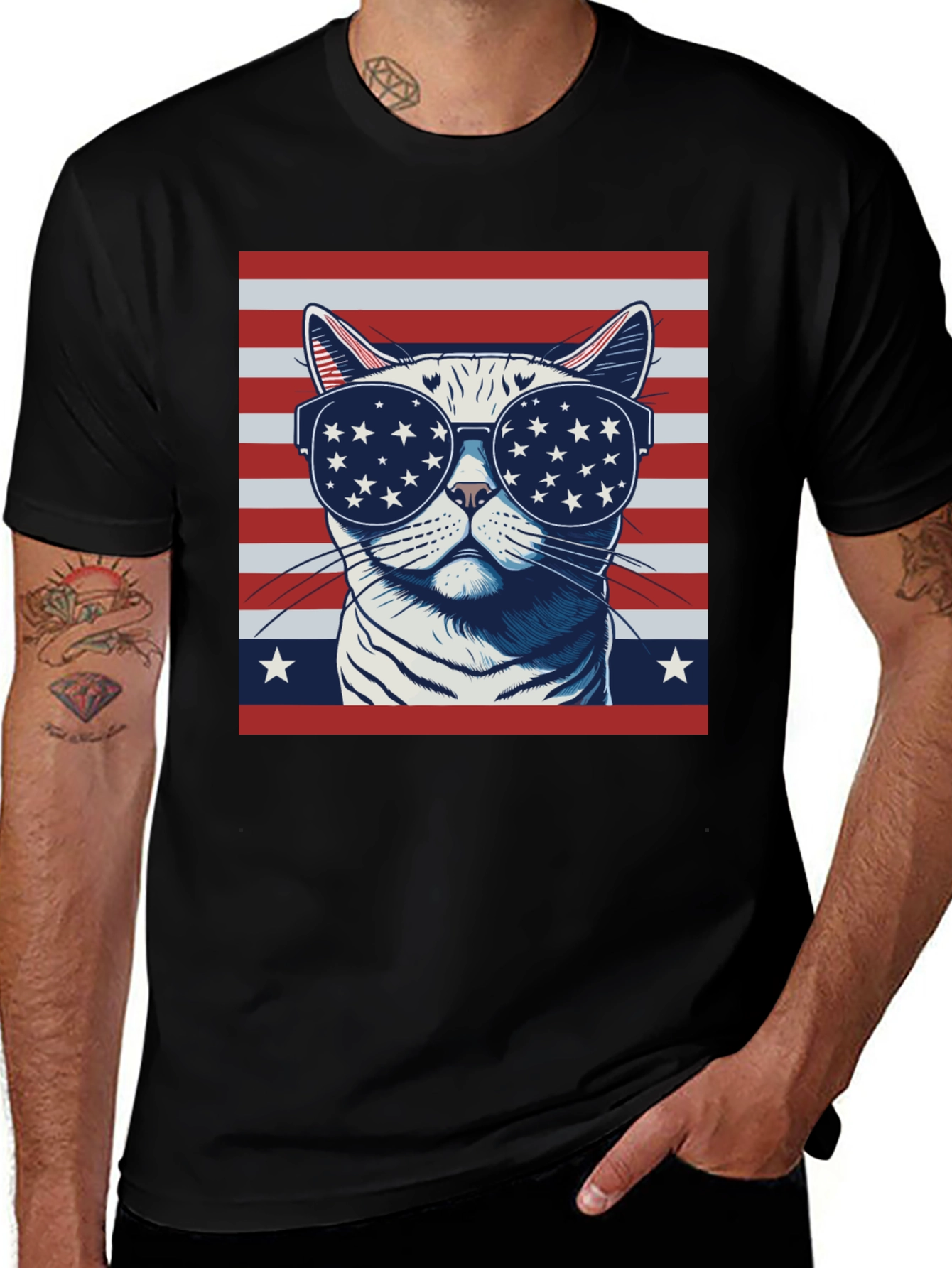 Variant 17 of Patriotic Cat T-Shirt - USA Flag Sunglasses