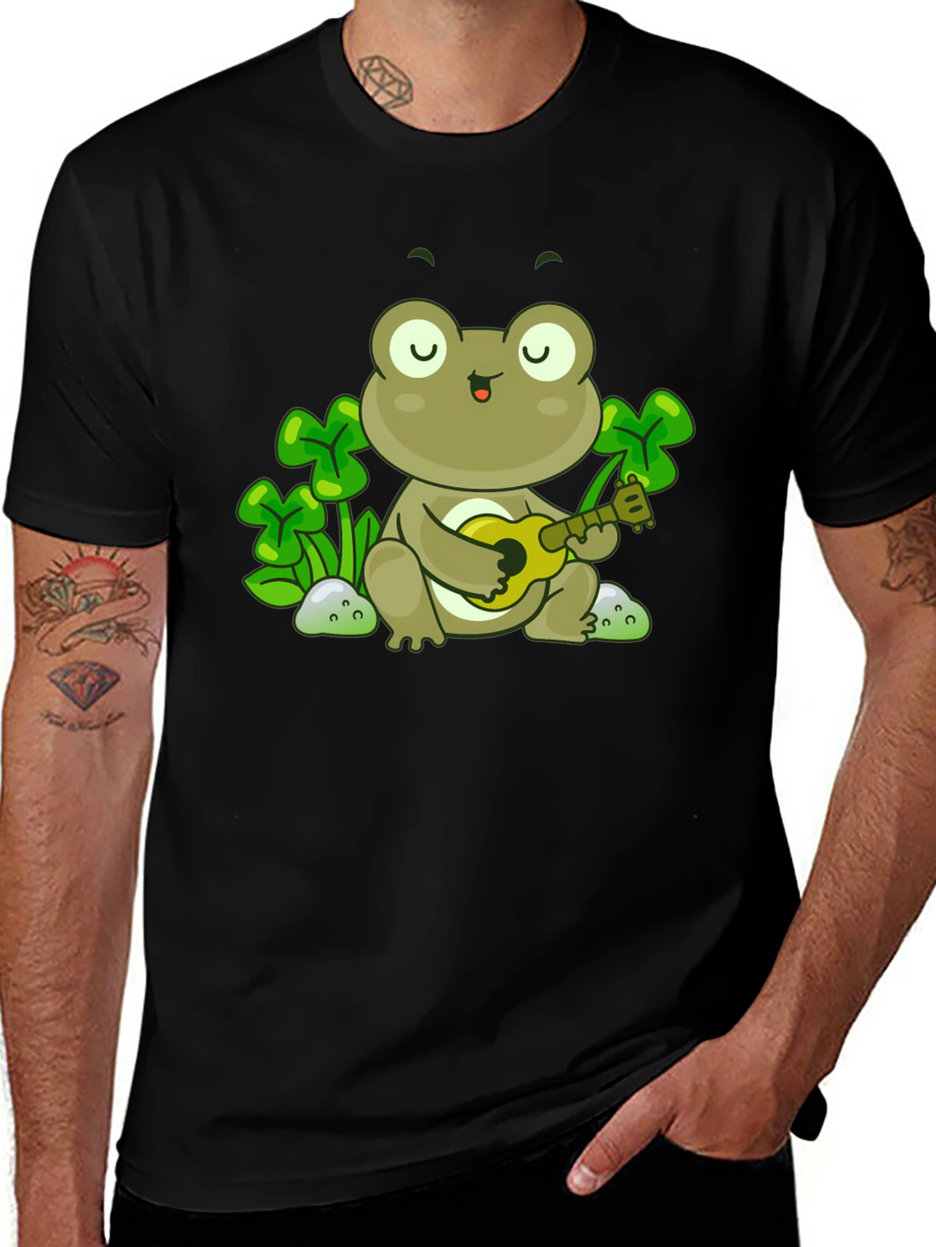 Variant 11 of Frog Playing Ukulele Graphic Tee - Black Cotton Shirt