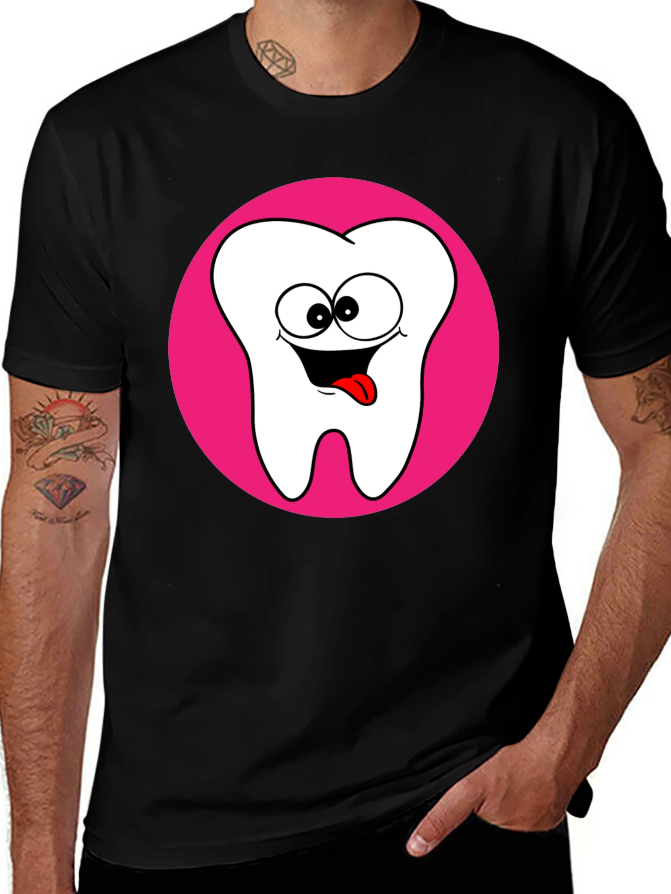 Funny Tooth Cartoon Graphic Black T-Shirt
