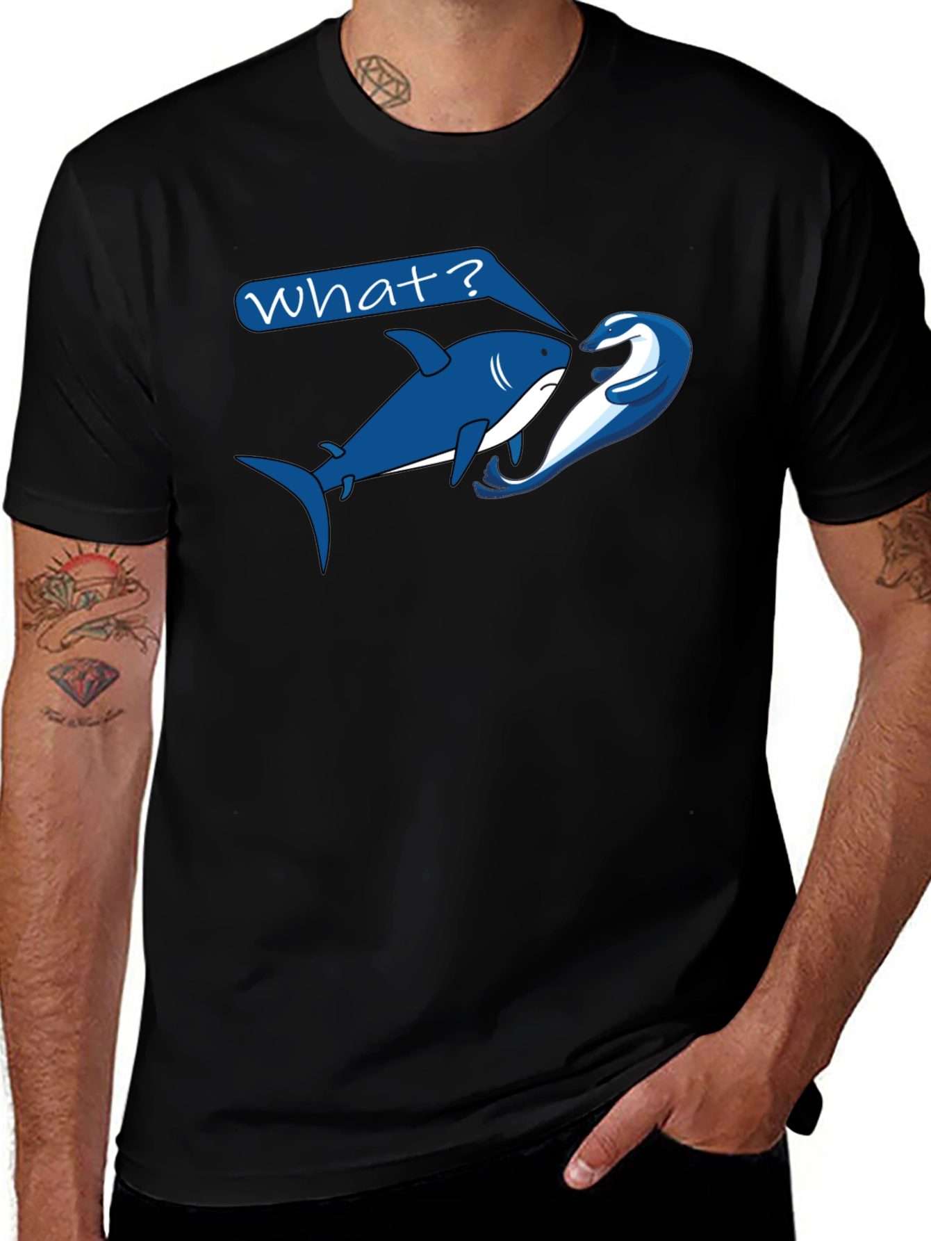 Shark & Dolphin Graphic T-Shirt - "What?" Design