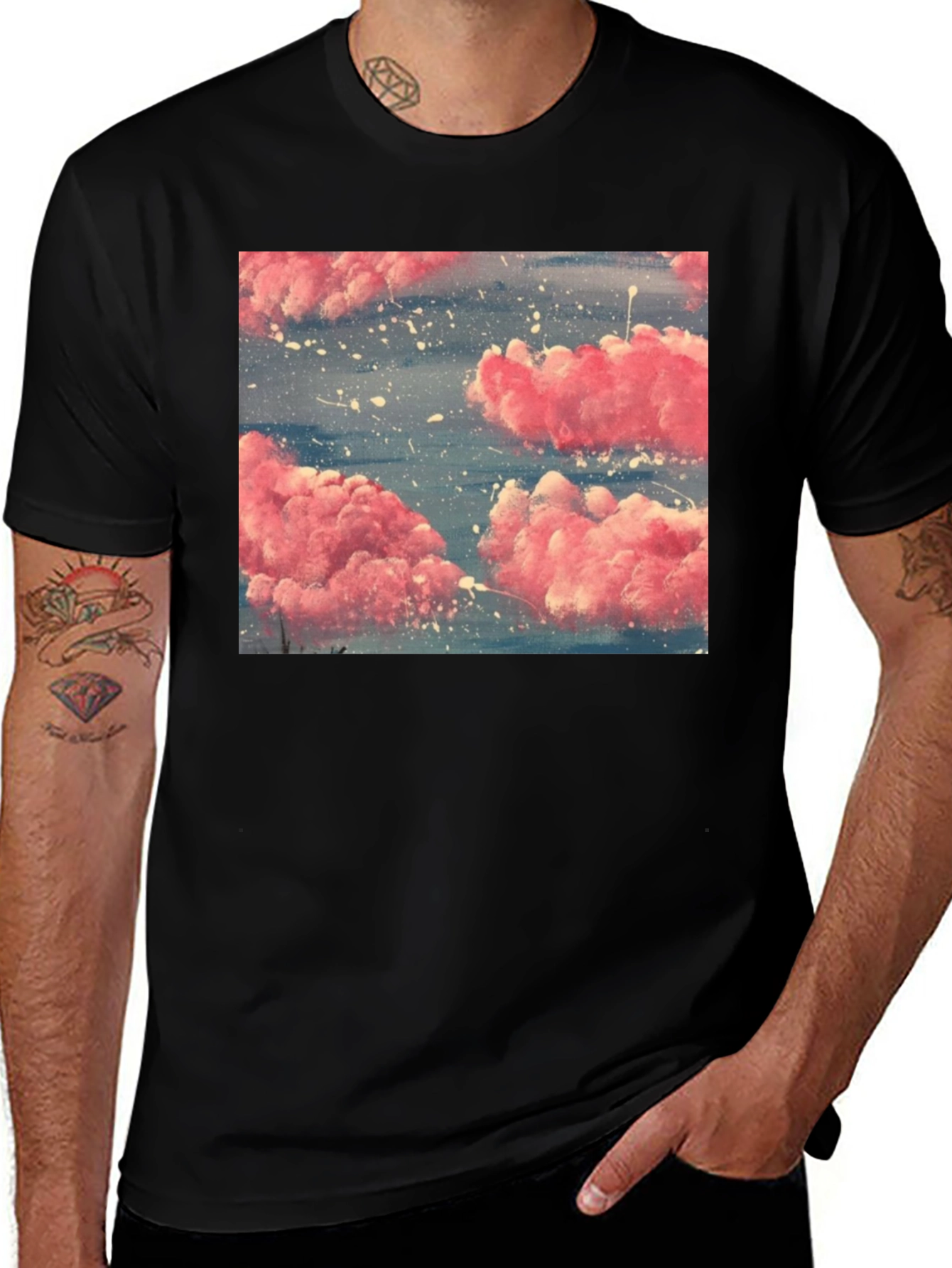 Pink Cloud Art Black T-Shirt