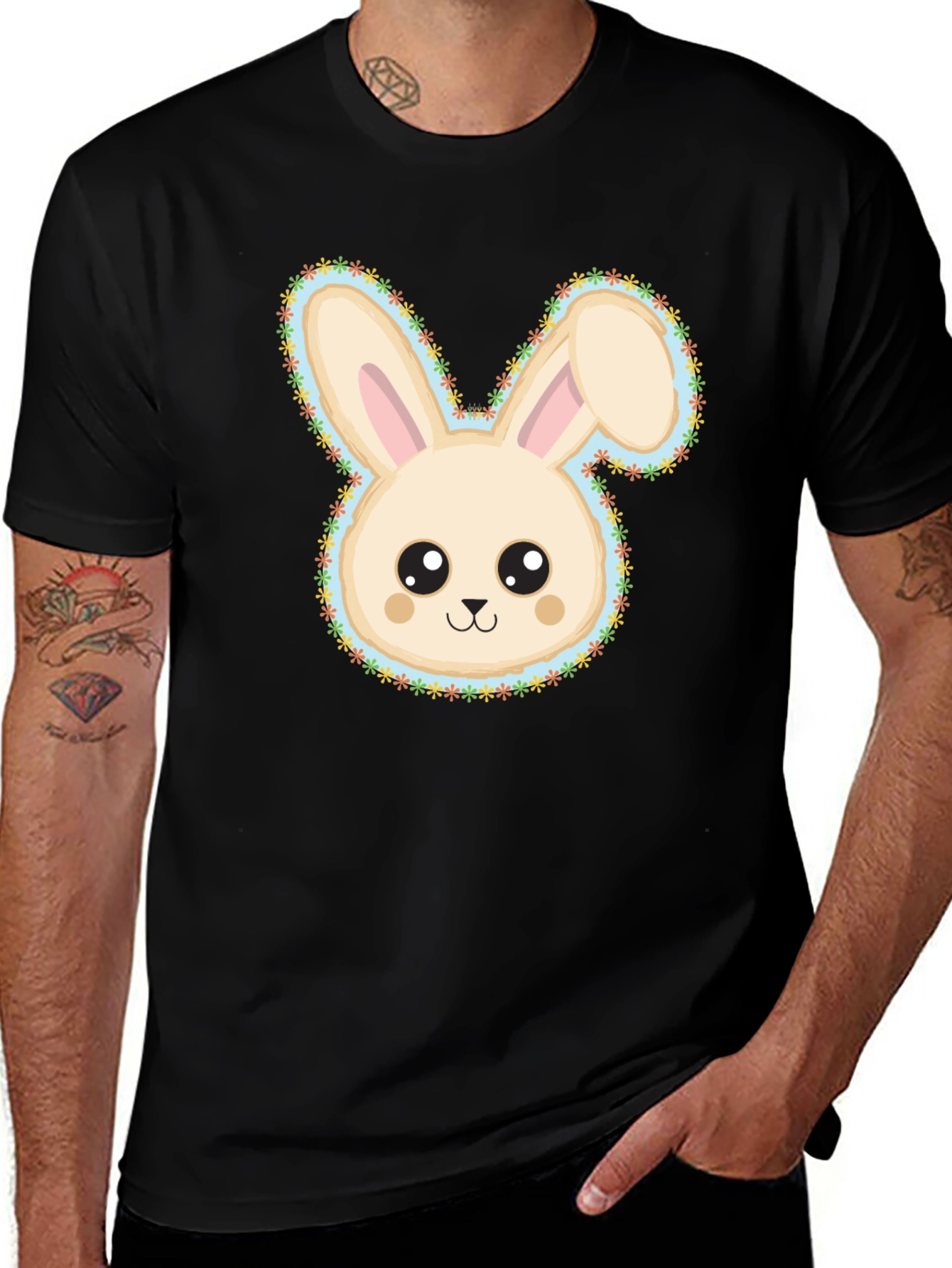 Variant 27 of Cute Bunny Graphic Tee - Black Cotton Shirt