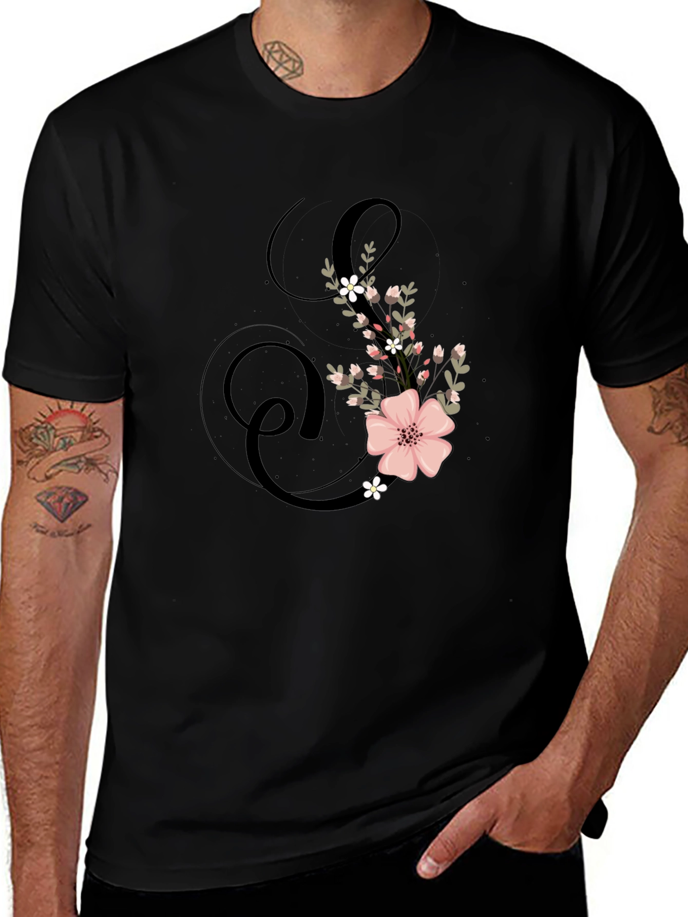 Variant 17 of Floral Initial "S" Black T-Shirt