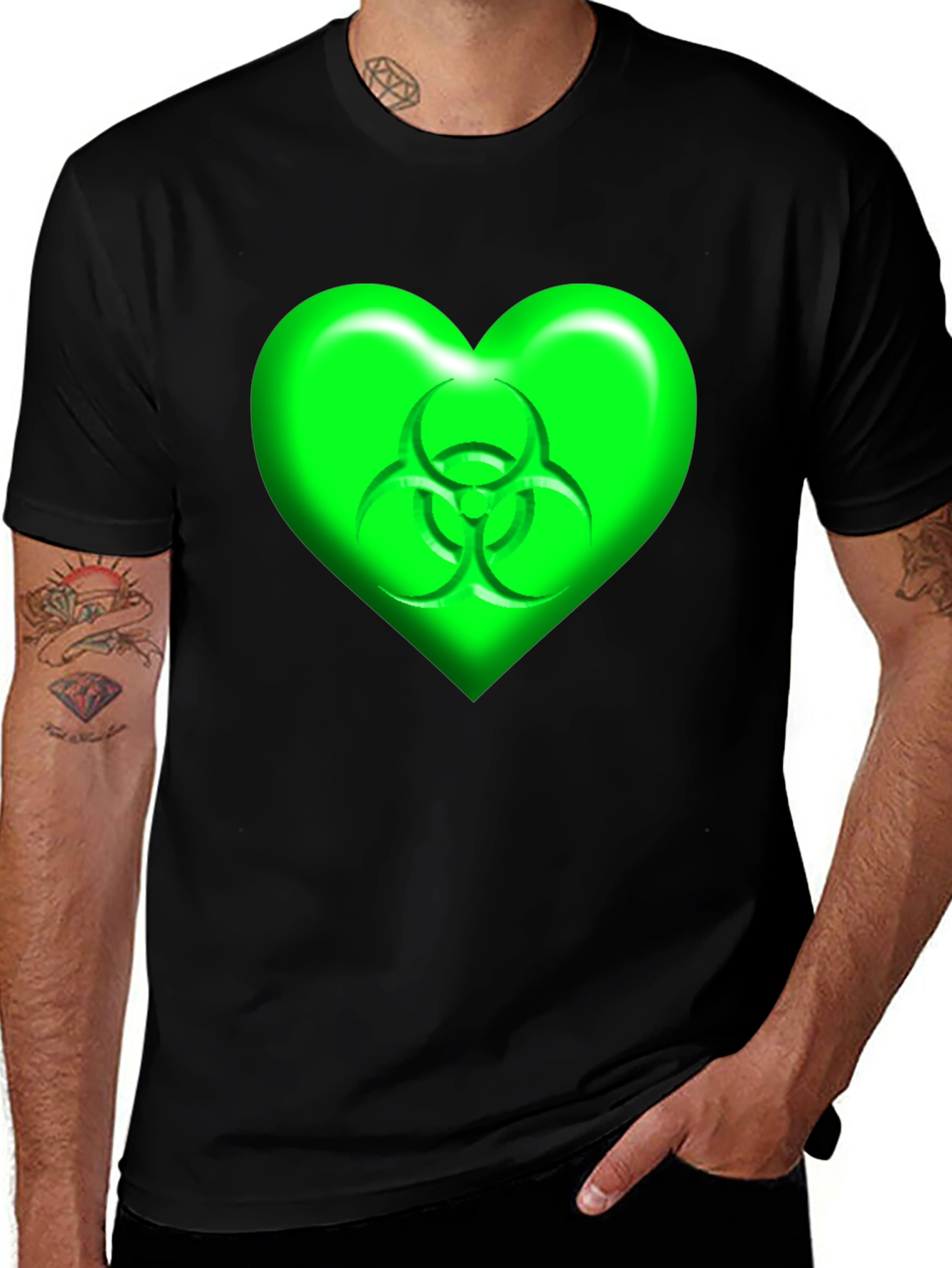 Variant 25 of Green Biohazard Heart Graphic Black T-Shirt