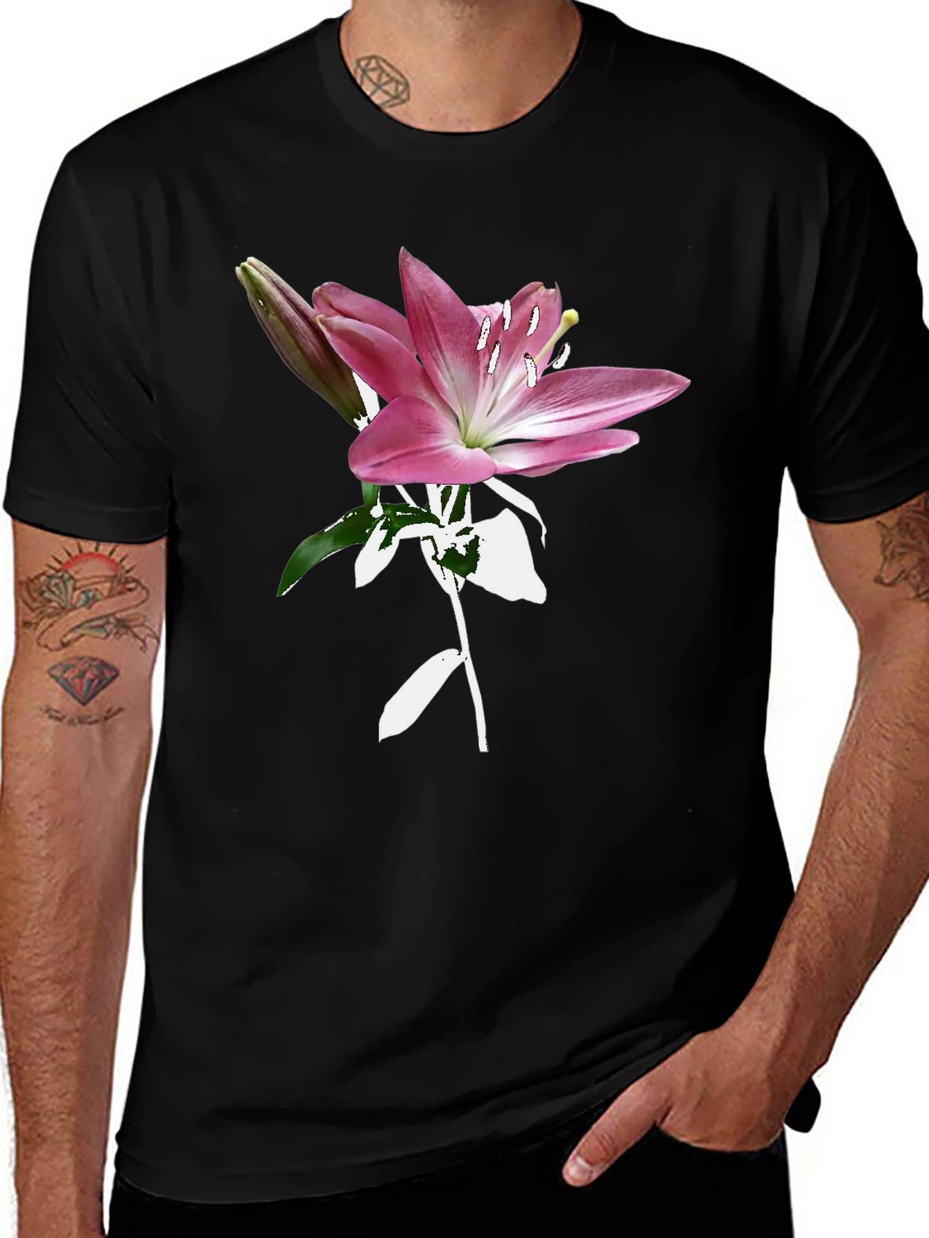Variant 17 of Floral Lily Graphic Tee - Trendy Black T-Shirt