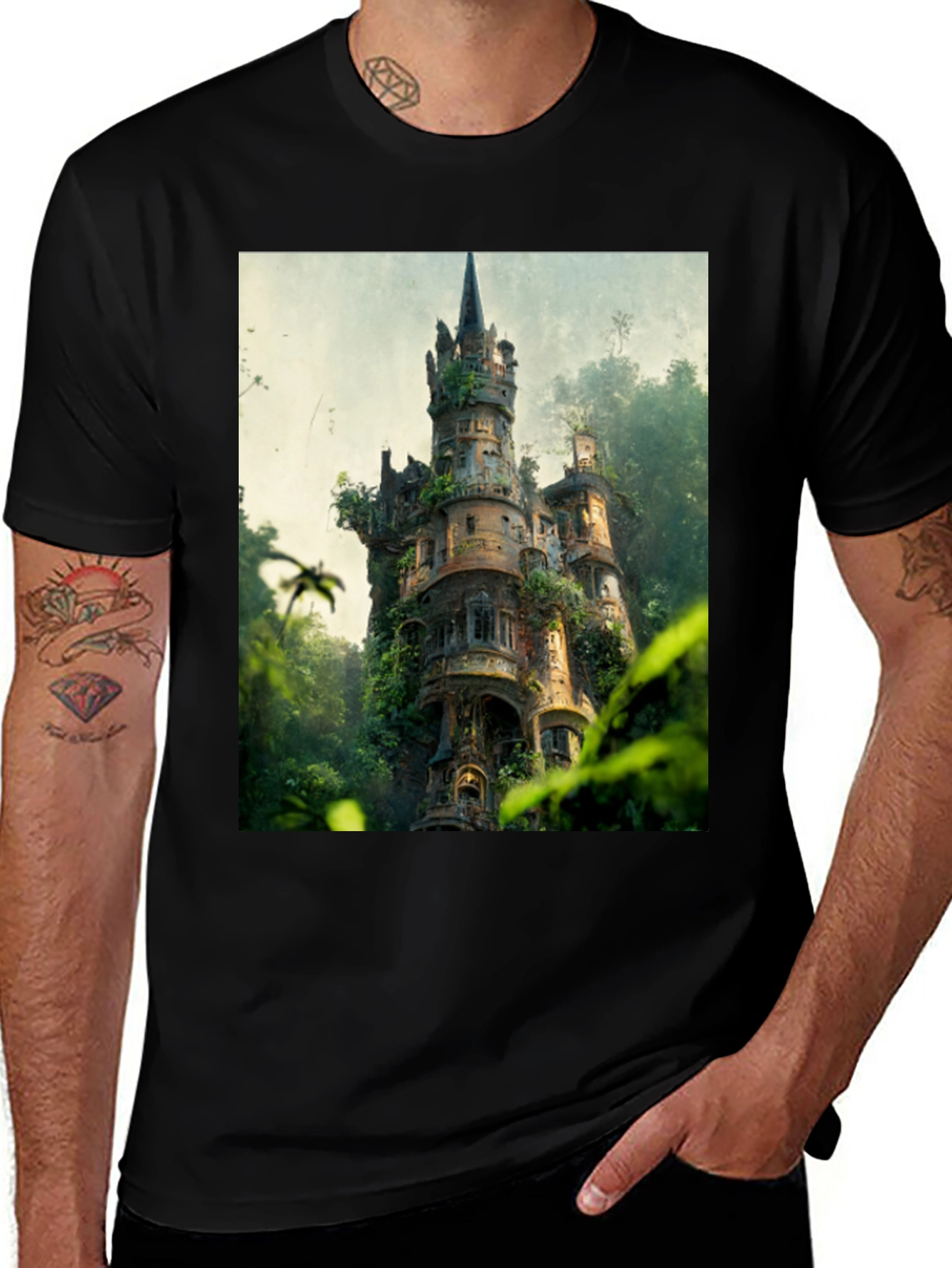 Variant 4 of Enchanted Castle Graphic Tee - Black Cotton T-Shirt