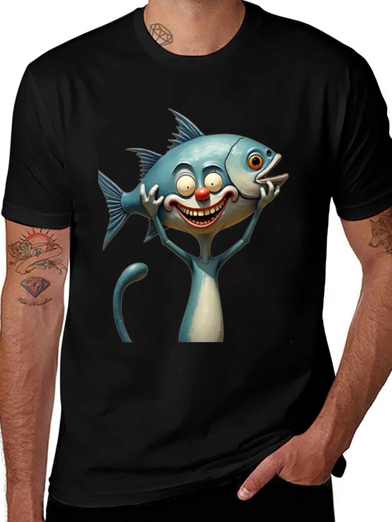 Cartoon Fish Cat Black T-Shirt