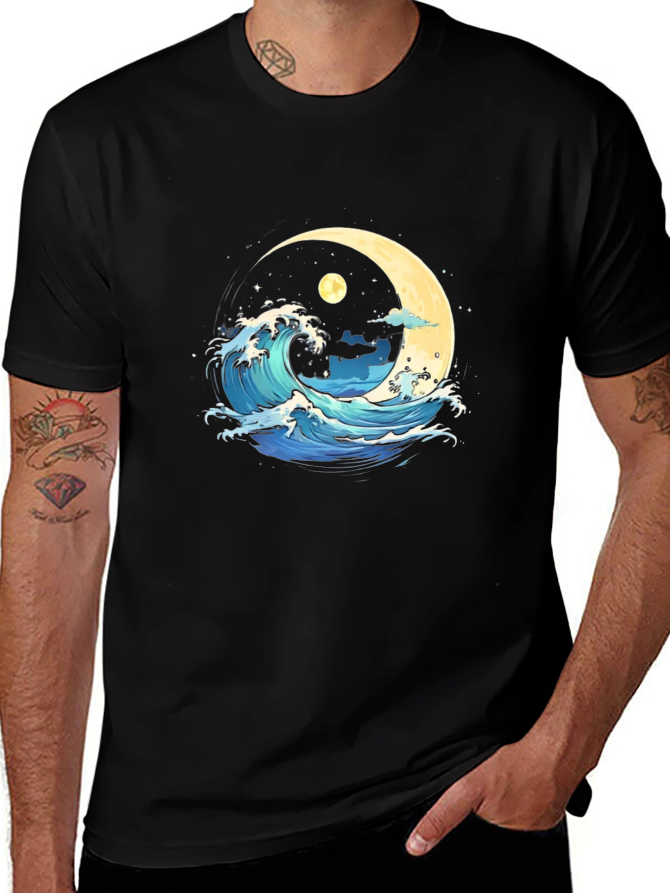 Variant 16 of Ocean Wave Moon Graphic Black T-Shirt