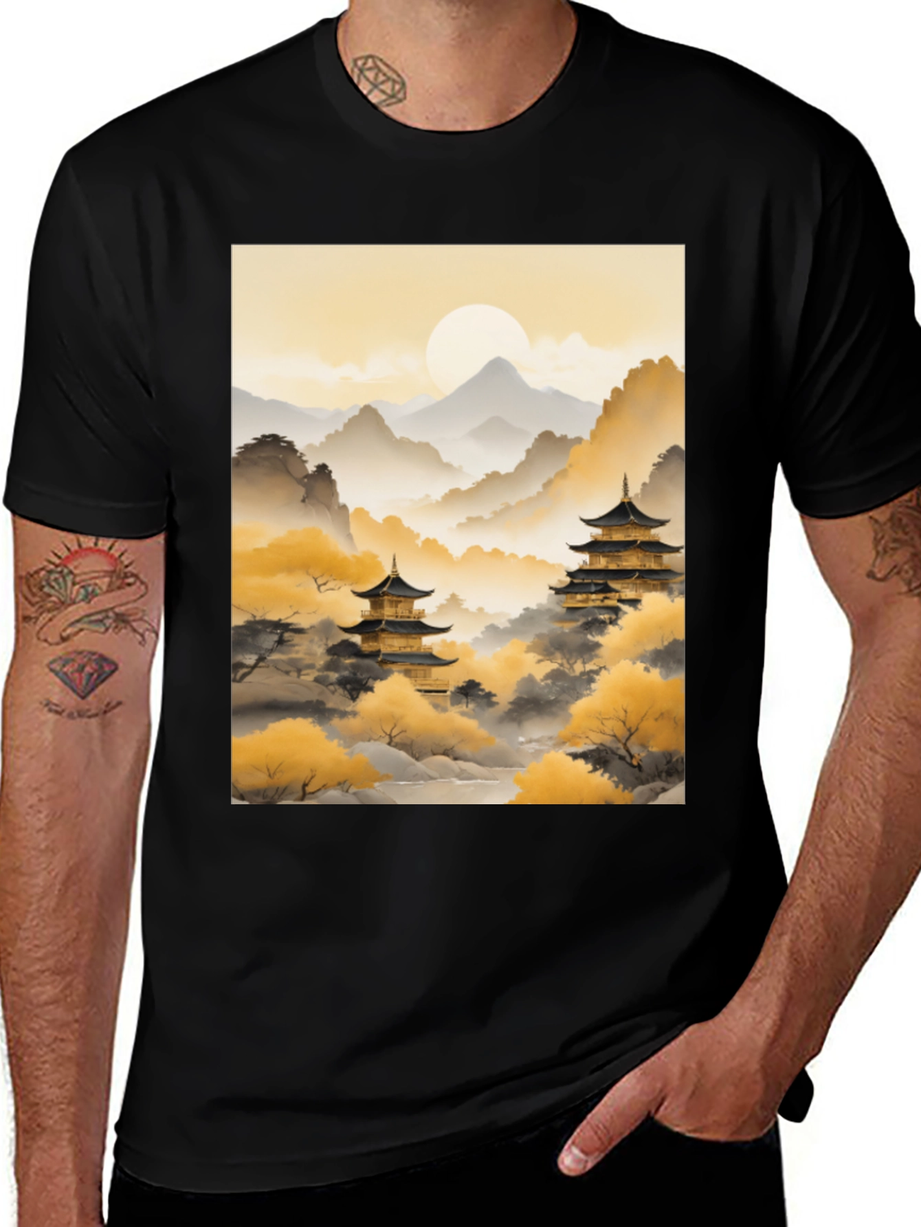 Variant 8 of Oriental Temple Landscape Graphic Tee - Black