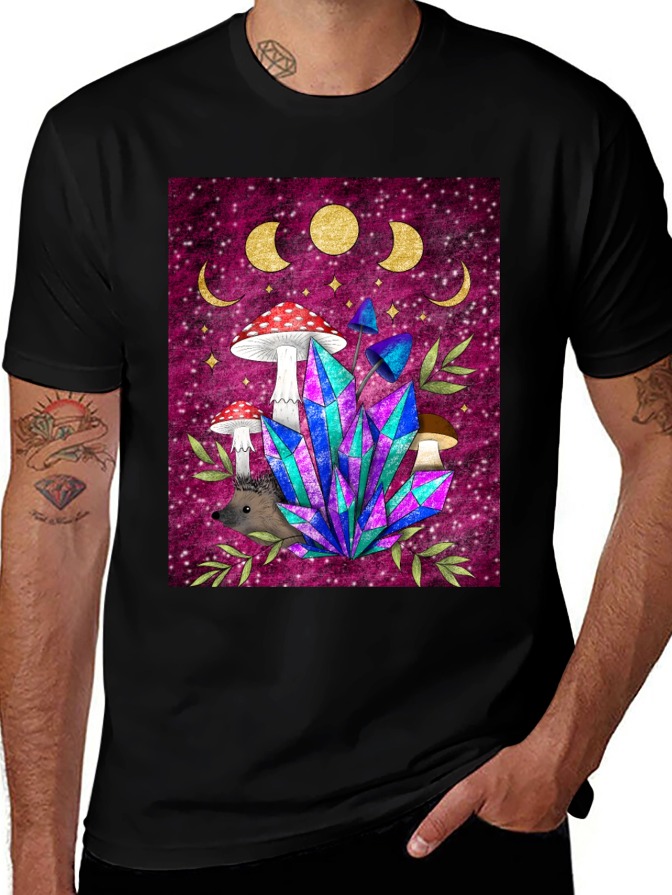 Variant 19 of Mystical Forest T-Shirt - Hedgehog, Crystals, and Mushrooms