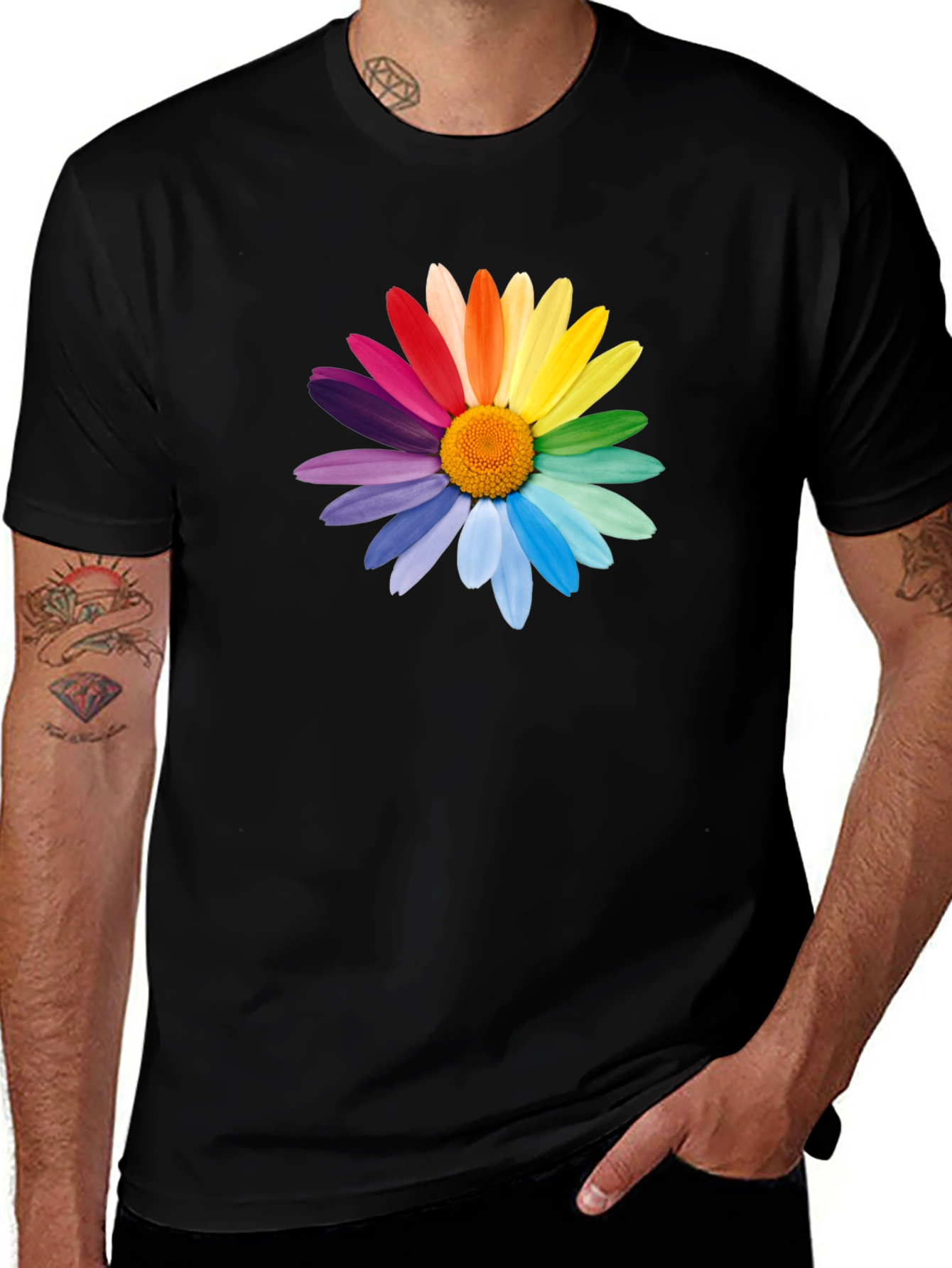 Variant 26 of Rainbow Flower Graphic T-Shirt - Black Cotton Tee