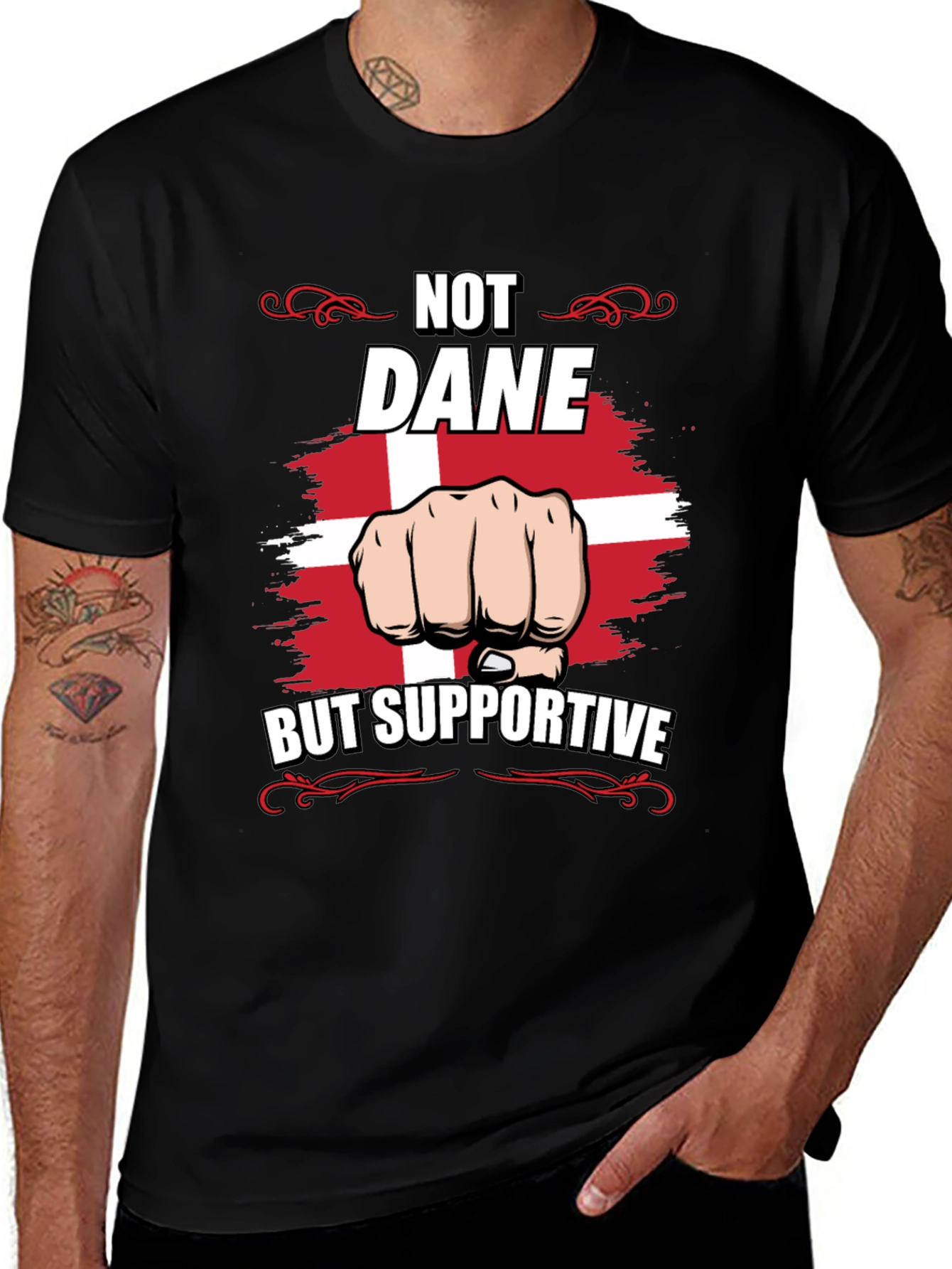 Variant 23 of Not Dane But Supportive T-Shirt Denmark Flag Fist