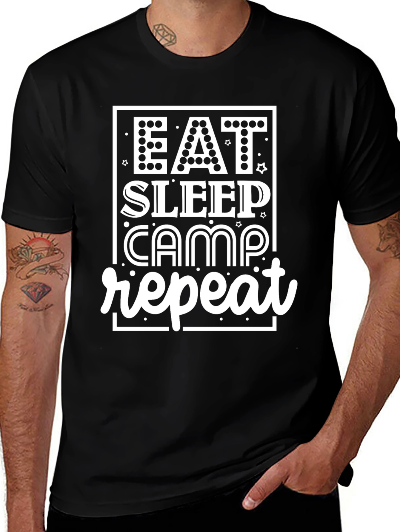 Variant 18 of Eat Sleep Camp Repeat Graphic Tee - Black Cotton T-Shirt