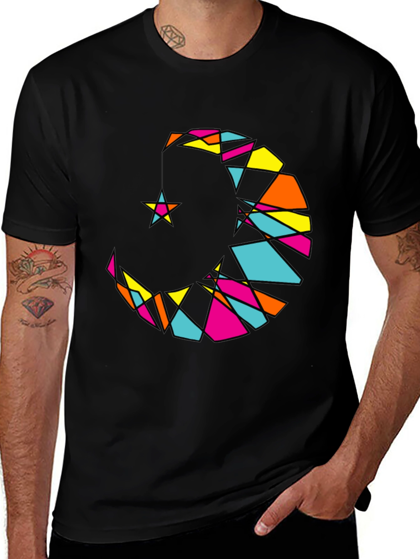 Variant 4 of Geometric Moon & Star Graphic Tee - Stylish Black T-Shirt