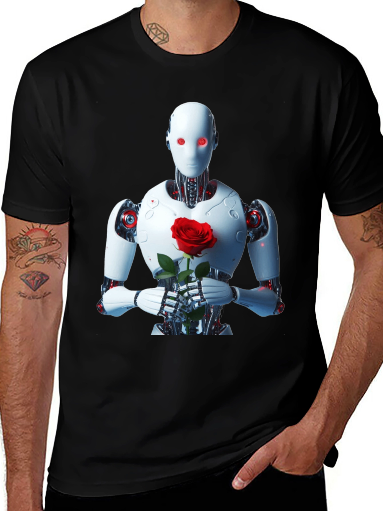 Variant 15 of Robot with Rose Graphic Tee - Unique Black T-Shirt