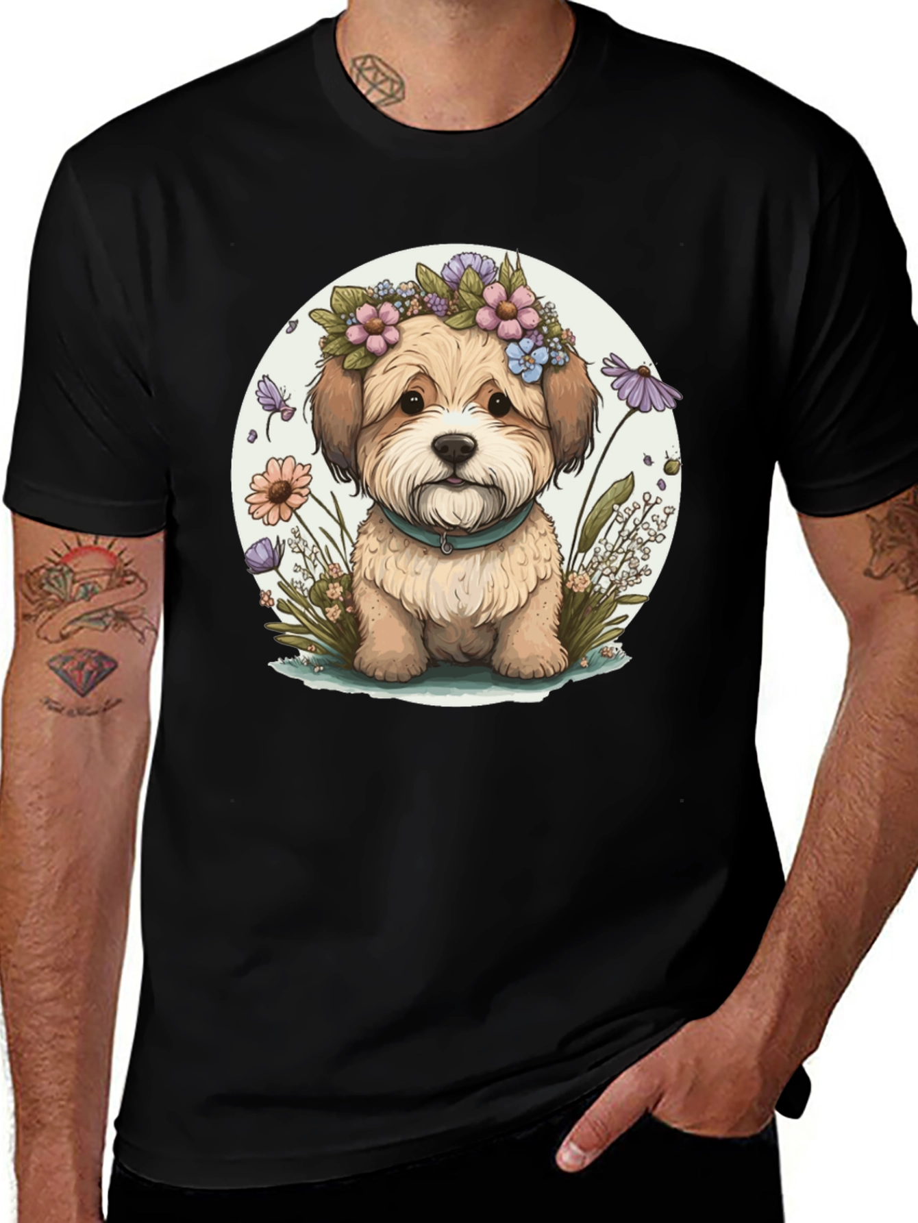 Variant 14 of Cute Puppy Floral Crown T-Shirt - Unisex