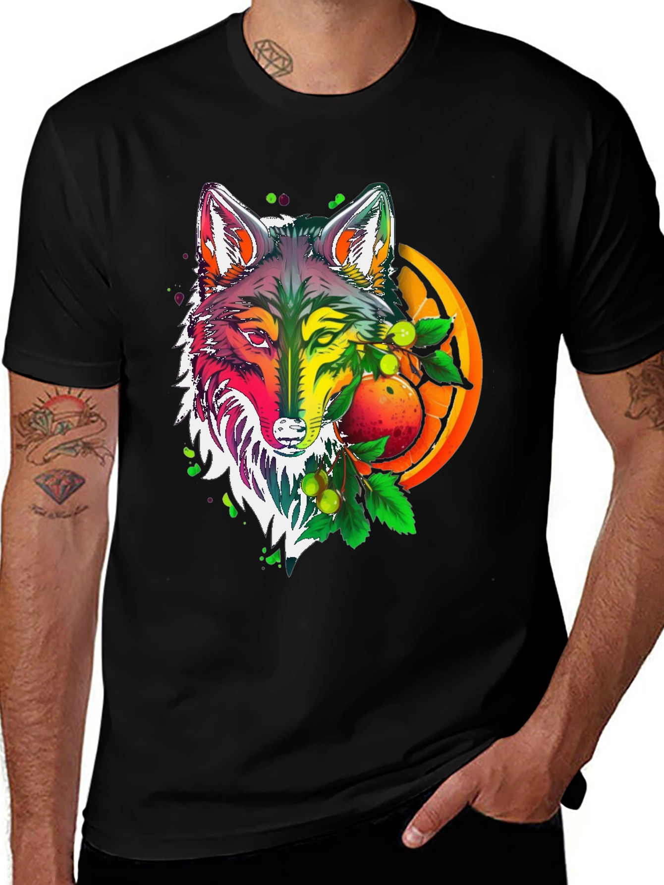 Vibrant Wolf & Citrus Fruit Graphic Tee