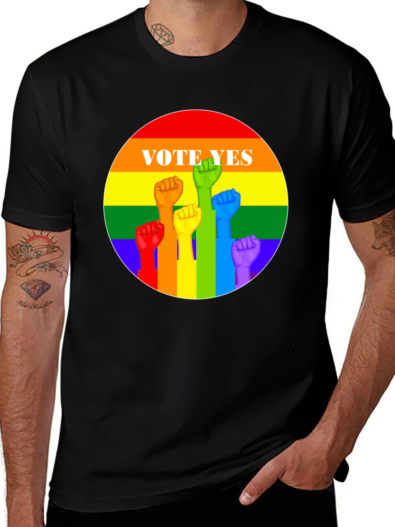 Vote Yes Pride T-Shirt - Rainbow Fist Design