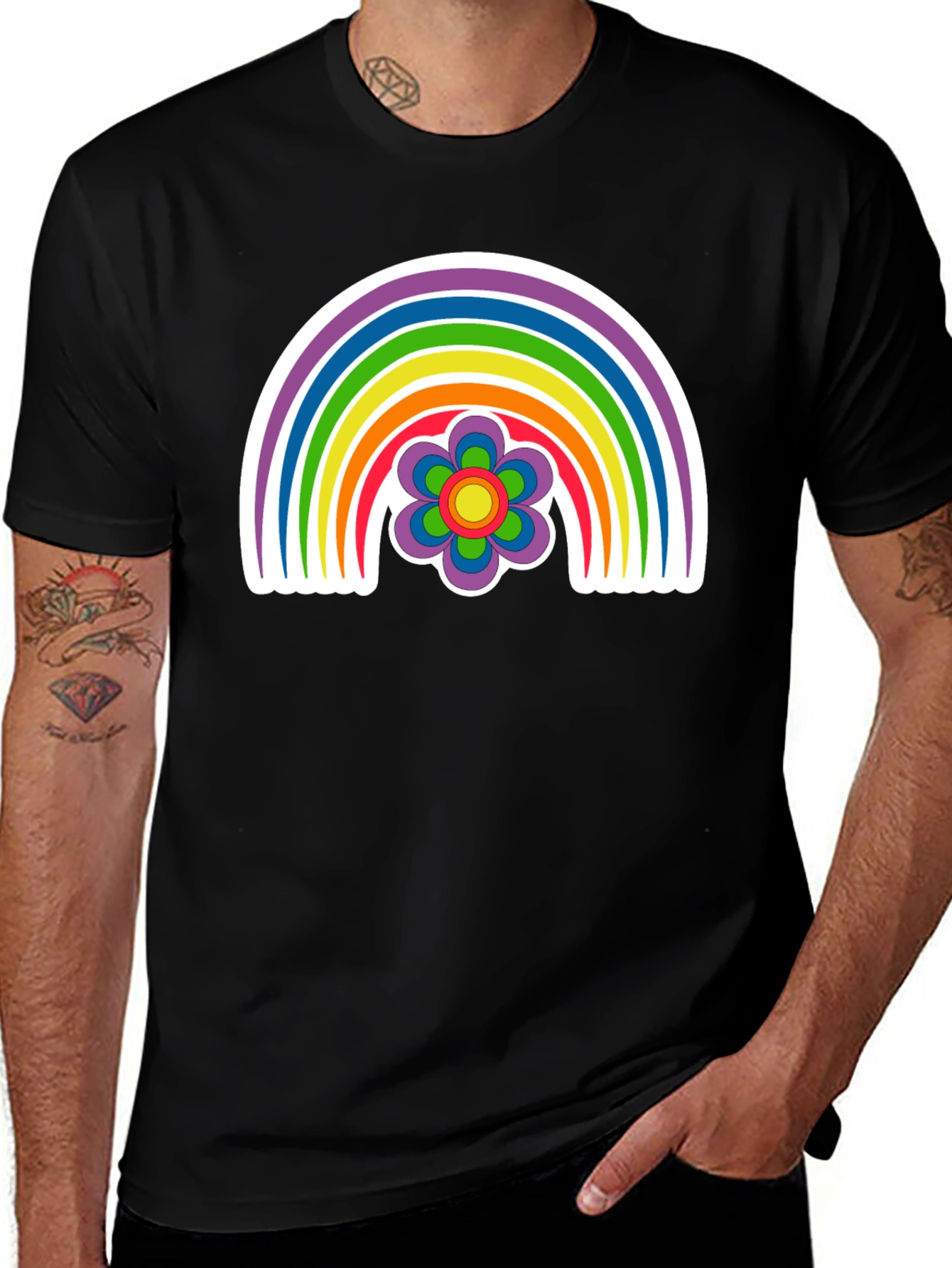 Variant 28 of Retro Rainbow Flower Graphic Tee - Black