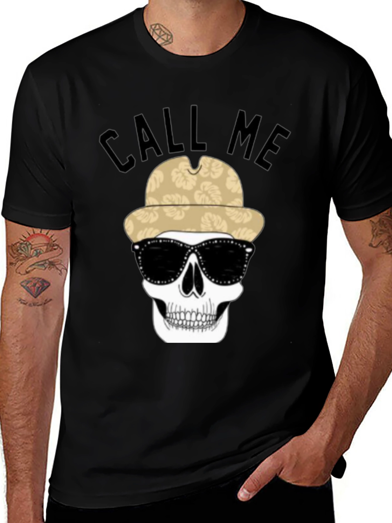 Variant 26 of Skull in Hat Graphic Tee - 'Call Me' Design