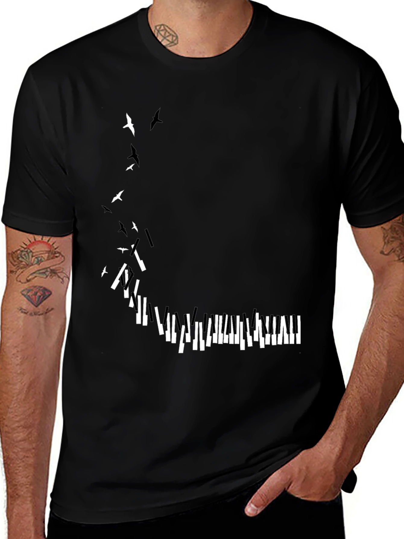 Variant 4 of Piano Keys & Birds Graphic Print Black T-Shirt