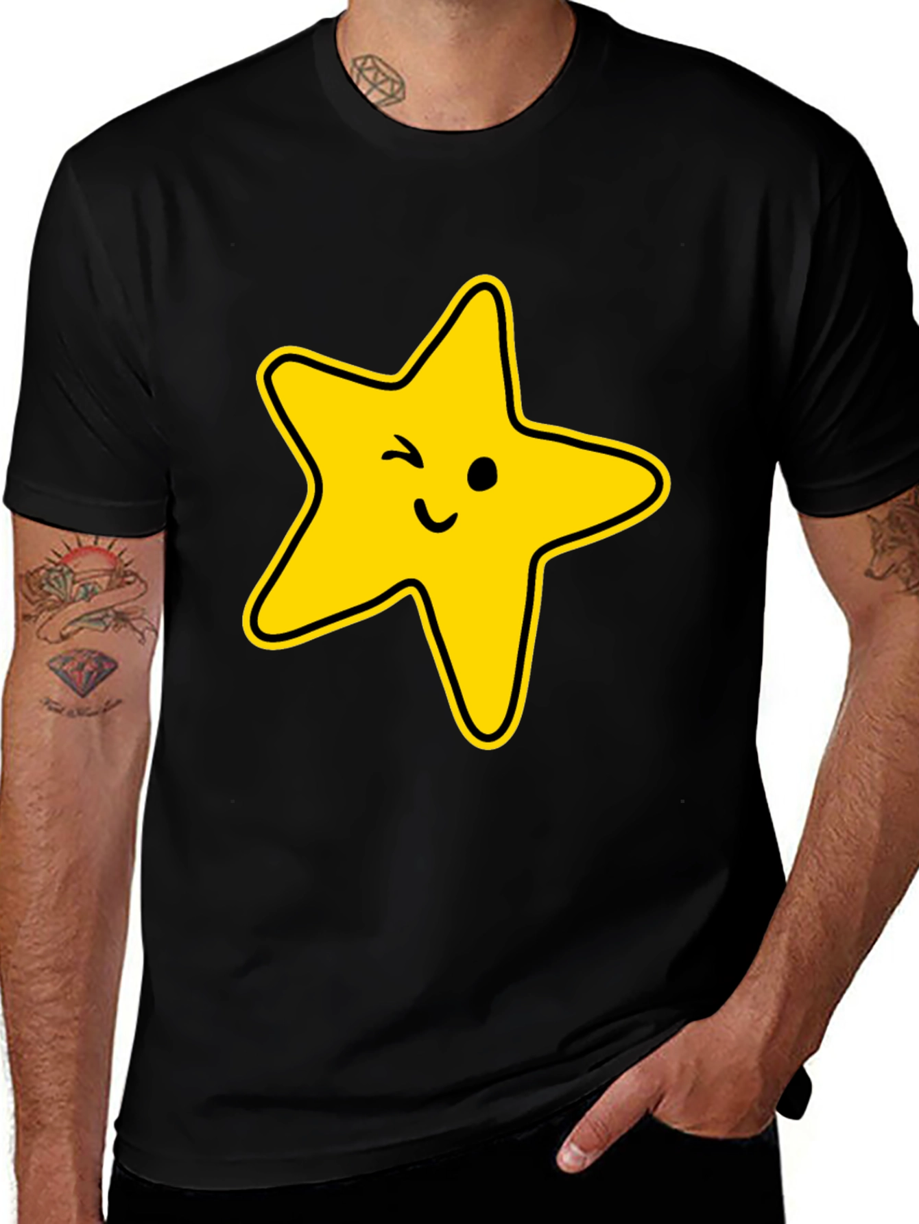 Winking Star Graphic Tee - Black Casual T-Shirt
