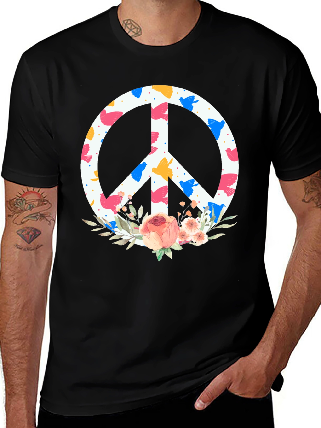 Variant 5 of Floral Peace Sign Graphic Tee - Black