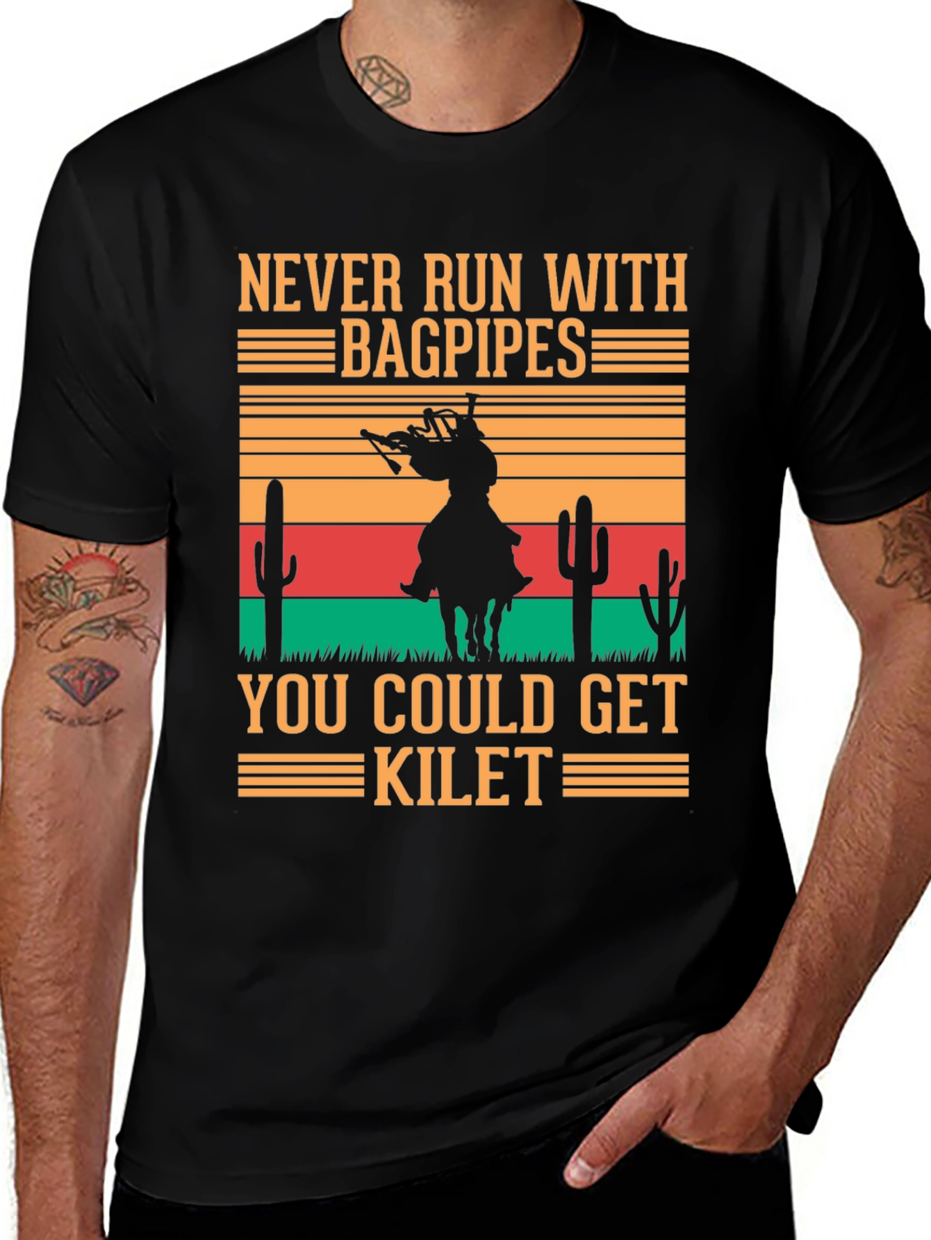 Variant 19 of Never Run with Bagpipes Funny T-Shirt