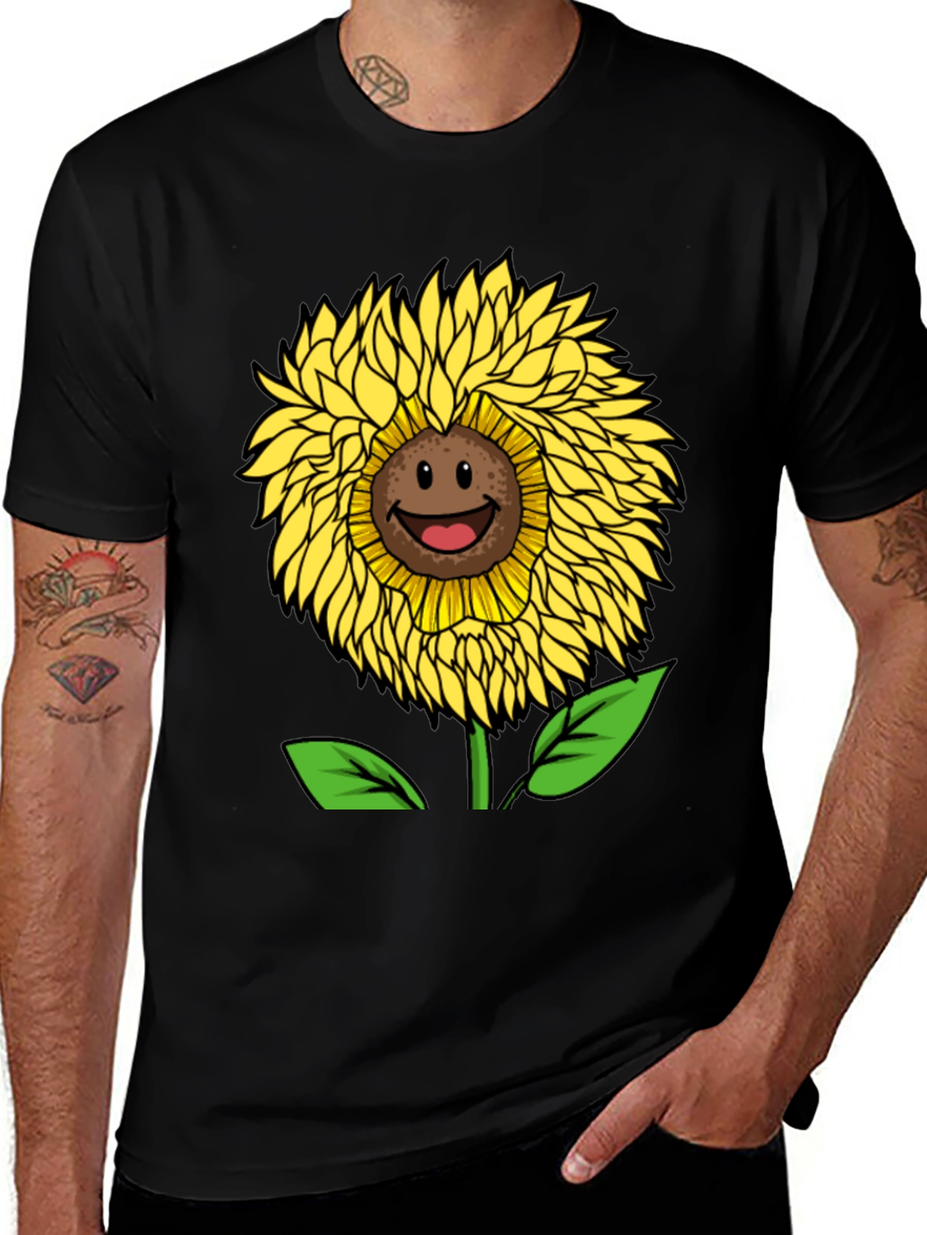 Variant 30 of Smiling Sunflower Graphic Tee - Black Cotton Blend