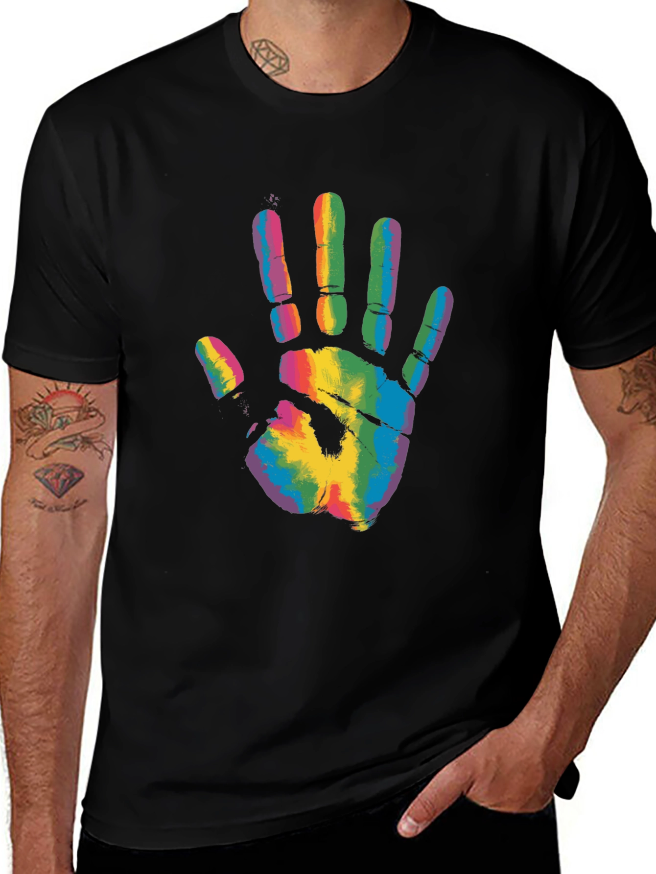 Variant 3 of Rainbow Handprint Graphic Tee - Black Casual T-Shirt