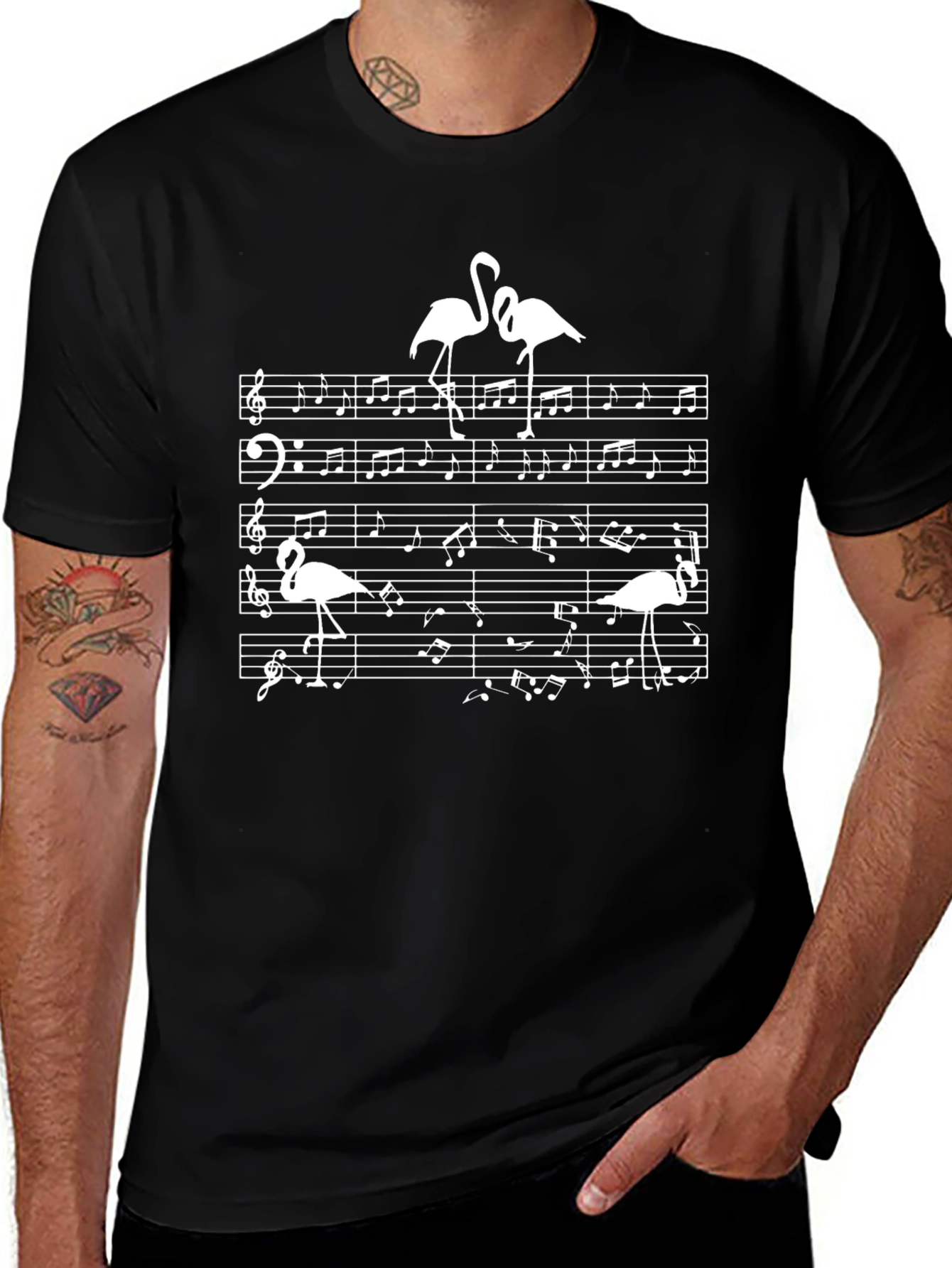 Variant 17 of Musical Flamingo T-Shirt - Black Cotton Tee