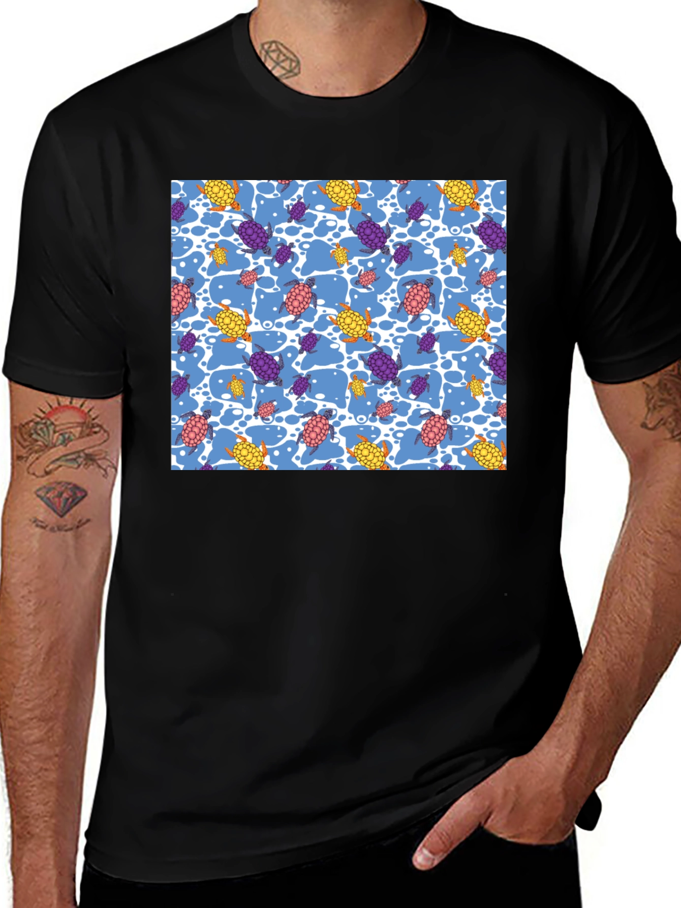 Variant 27 of Turtle Pattern Tee - Black Crew Neck Casual Shirt