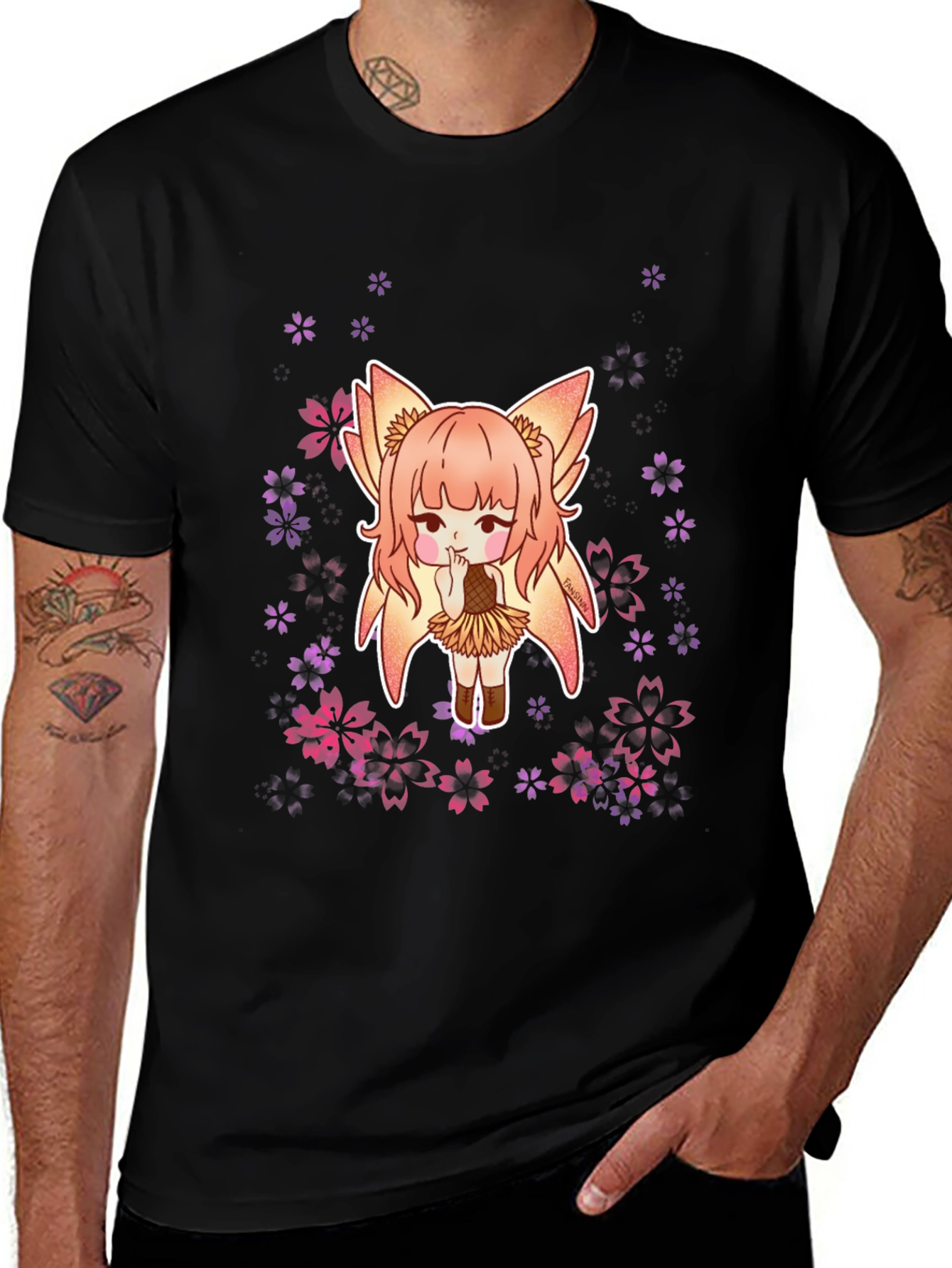 Variant 30 of Anime Girl & Cherry Blossom Graphic Black T-Shirt