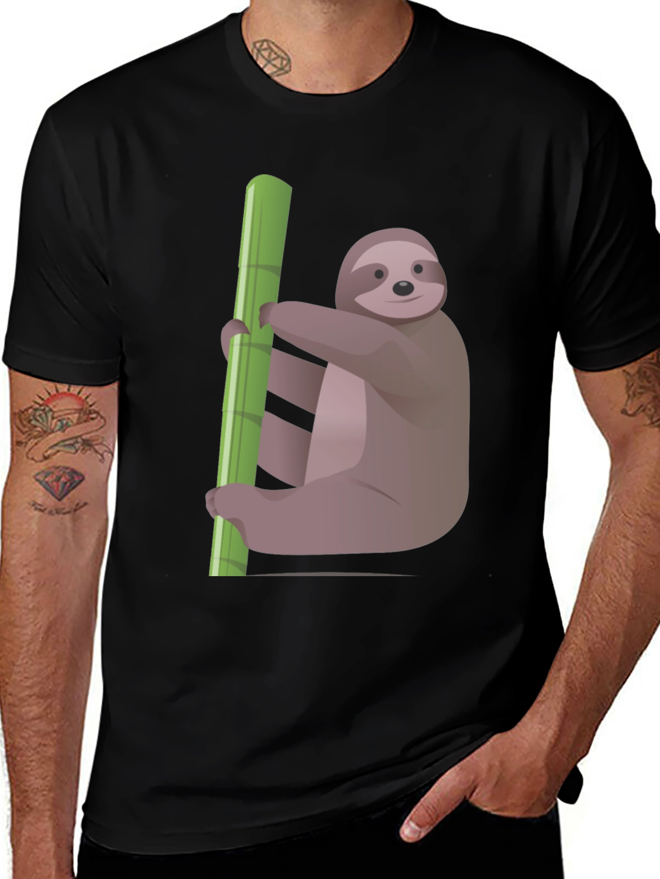 Variant 10 of Cute Sloth Hugging Bamboo T-Shirt - Black