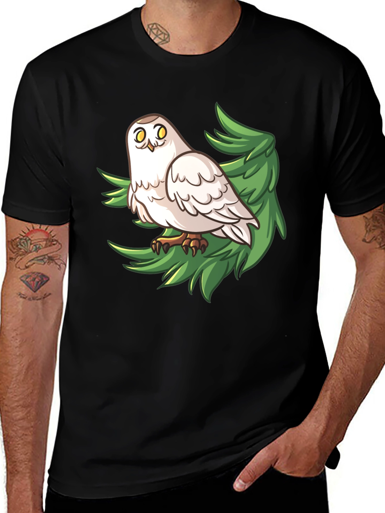 Variant 18 of Owl on Branch Graphic Tee - Black Cotton Blend