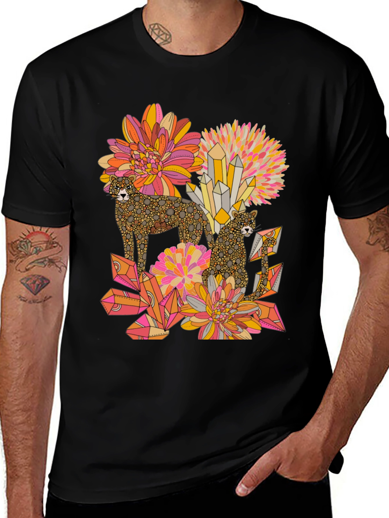Floral Cheetah Graphic Tee - Black Unisex T-Shirt