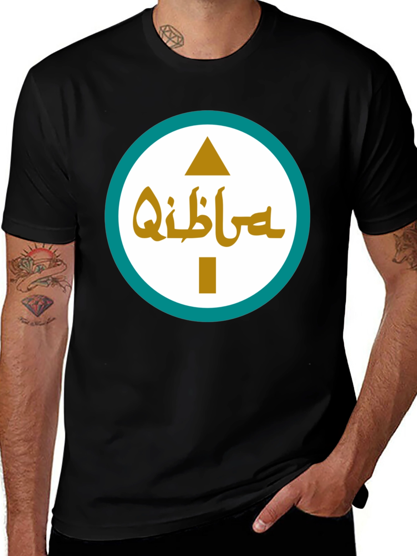 Qibla Direction Arrow Graphic Tee - Black