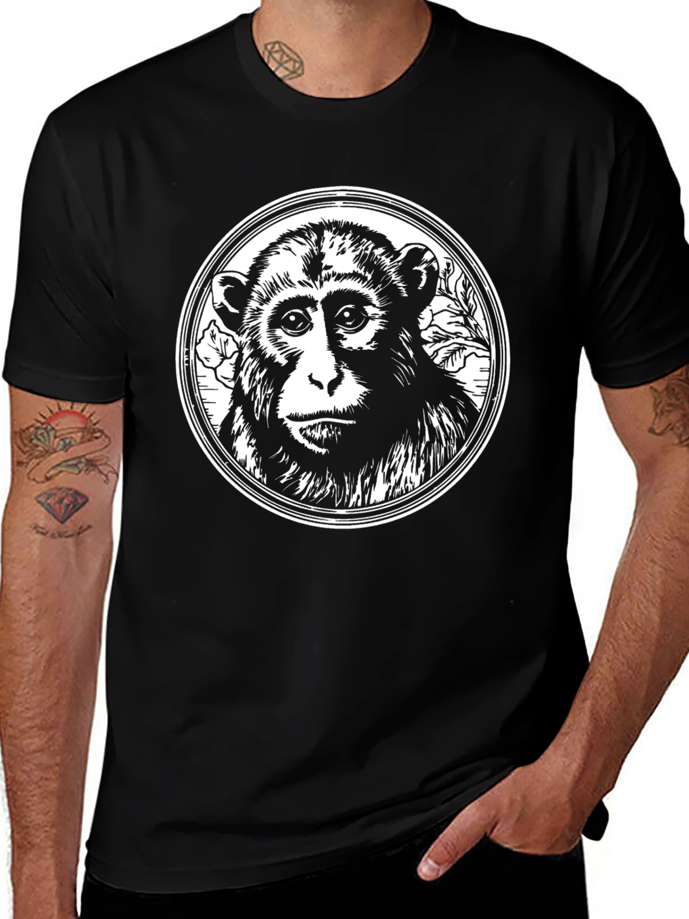 Variant 24 of Monkey Graphic Black Tee - Men's Crew Neck T-Shirt