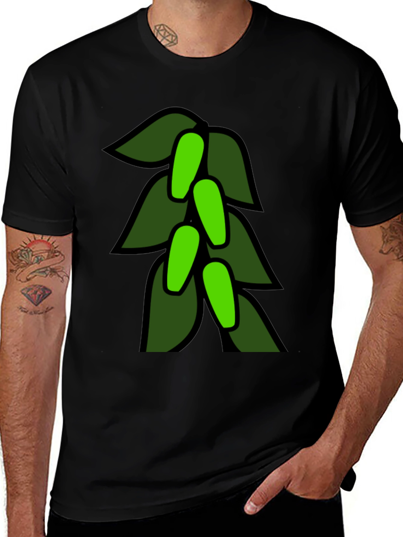 Green Leaves Black T-Shirt