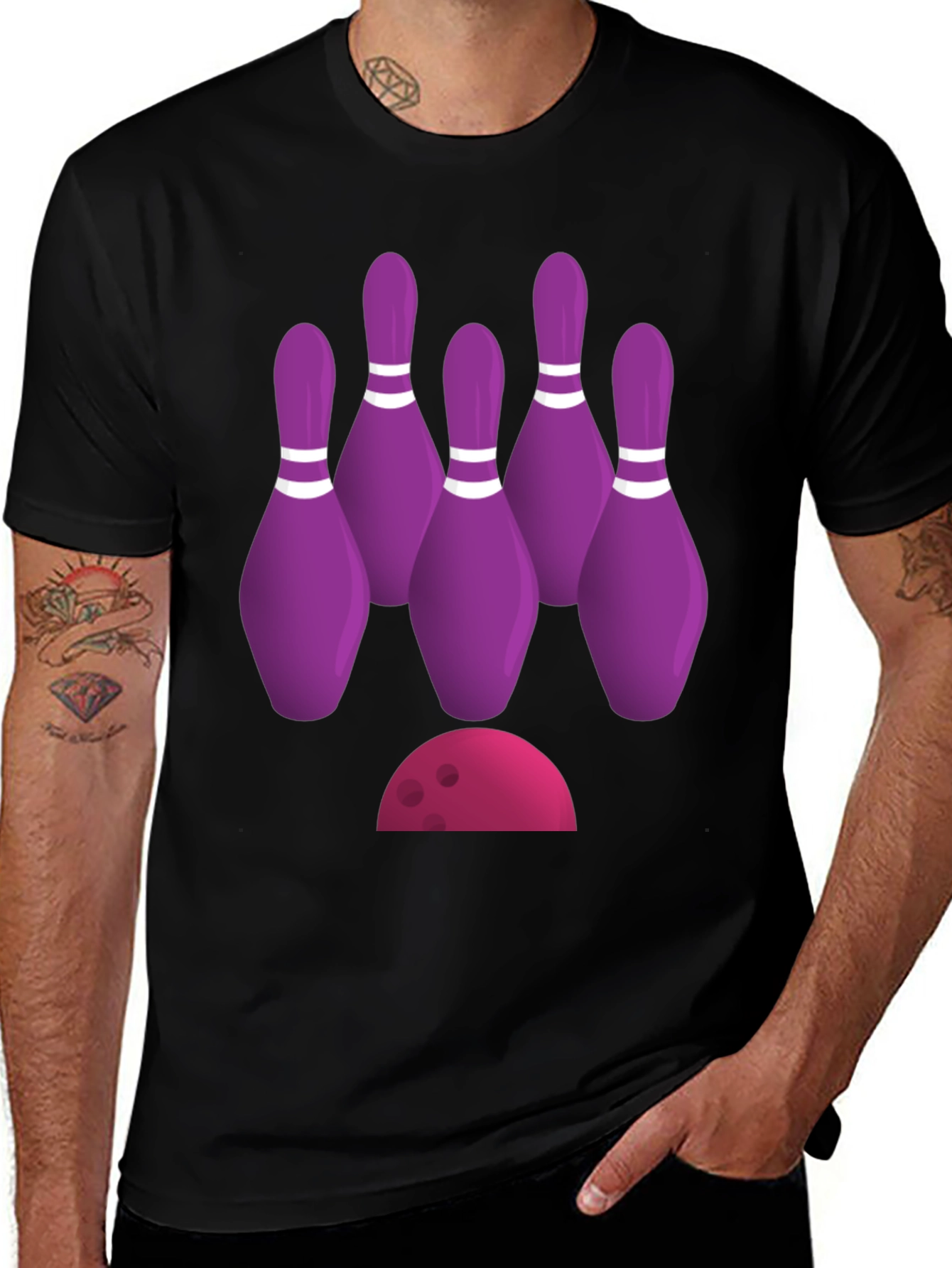 Variant 3 of Bowling Pins & Ball Graphic Tee - Casual Black T-Shirt