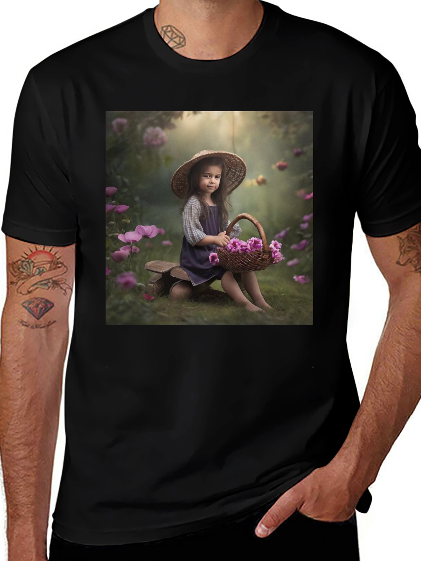 Black Charming Girl with Flowers T-Shirt main image