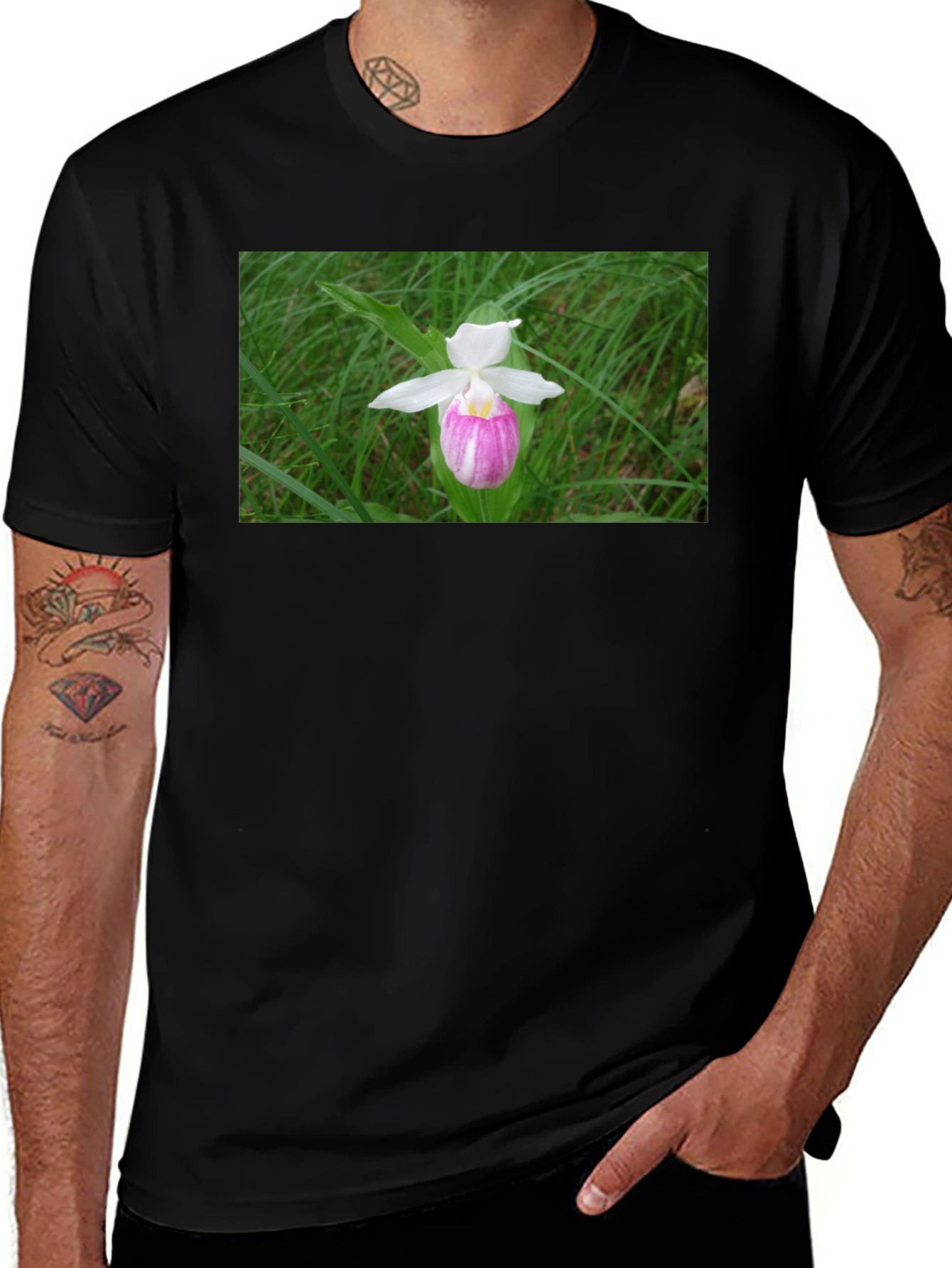 Variant 8 of Floral T-Shirt - Pink Lady's Slipper Design