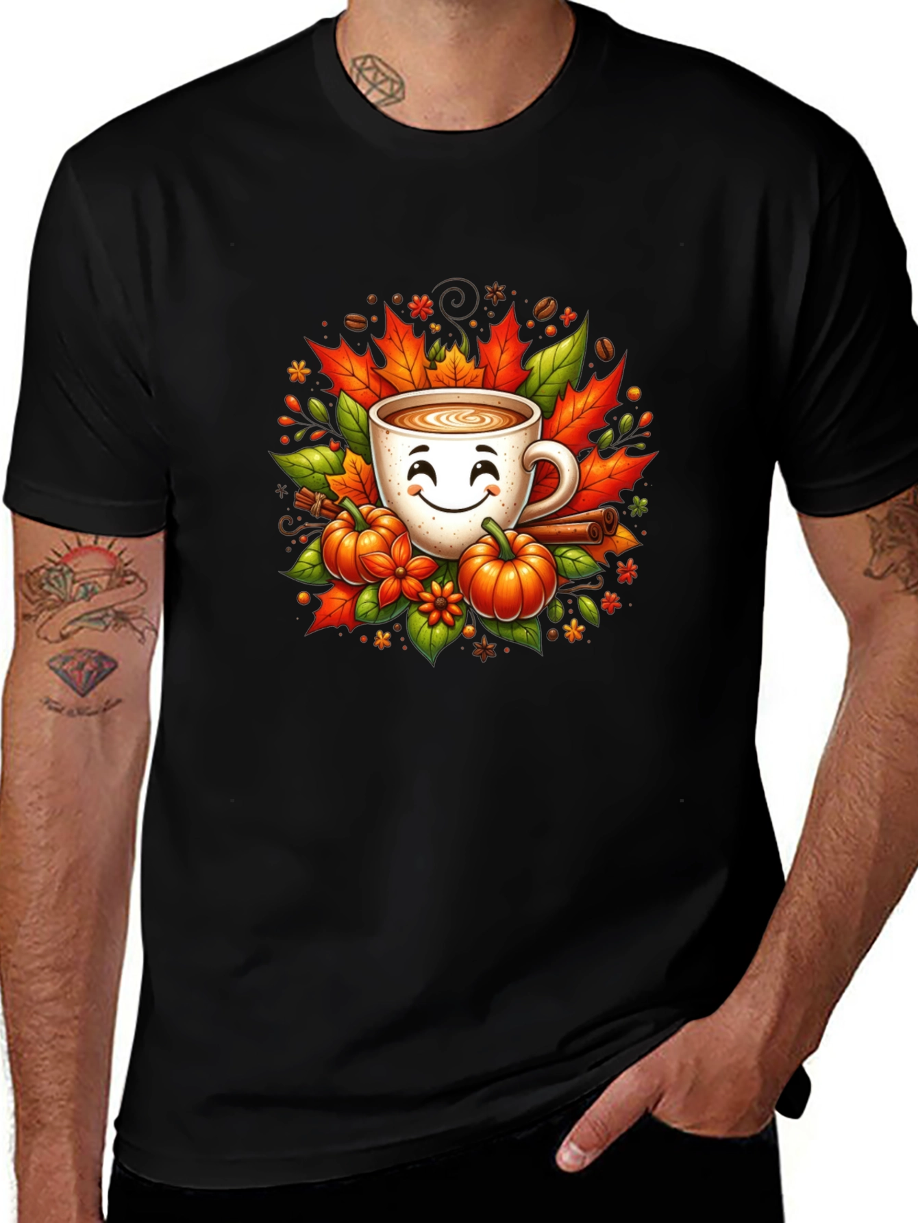 Variant 16 of Fall Coffee T-Shirt with Pumpkins and Leaves