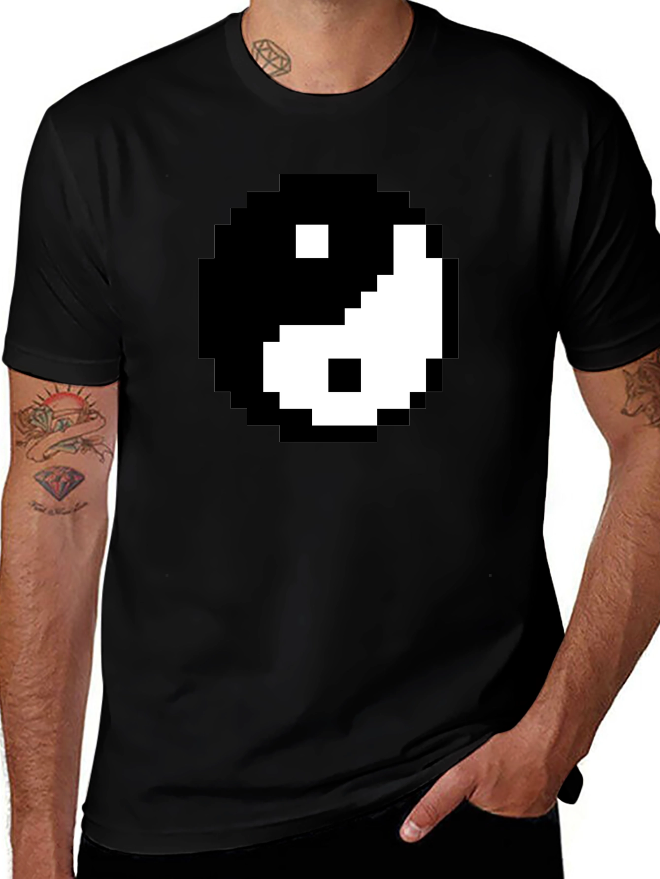 Variant 9 of Pixel Yin Yang Graphic Tee - Black Cotton Blend Shirt
