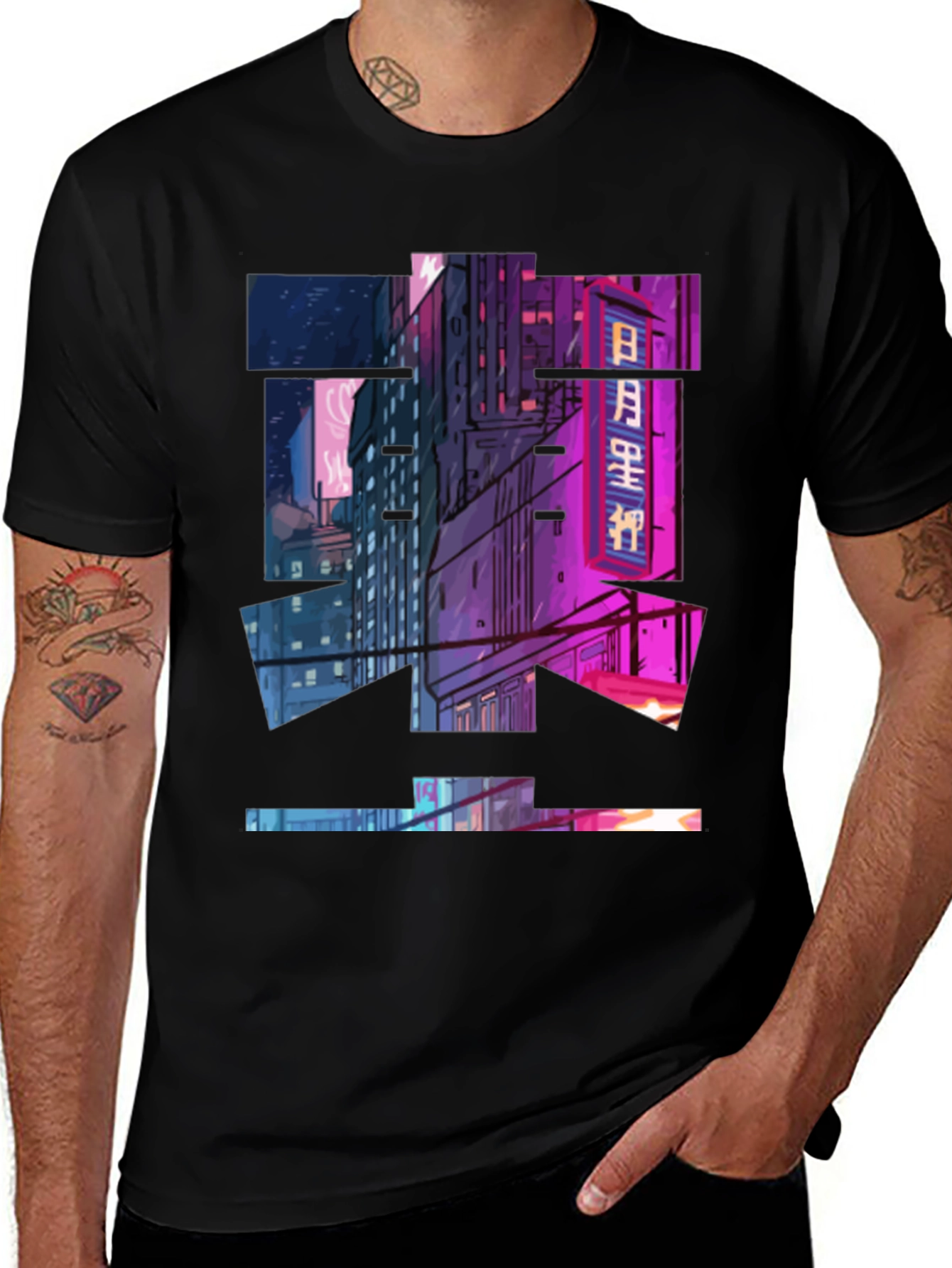 Variant 23 of Cyberpunk Cityscape Graphic Tee - Black