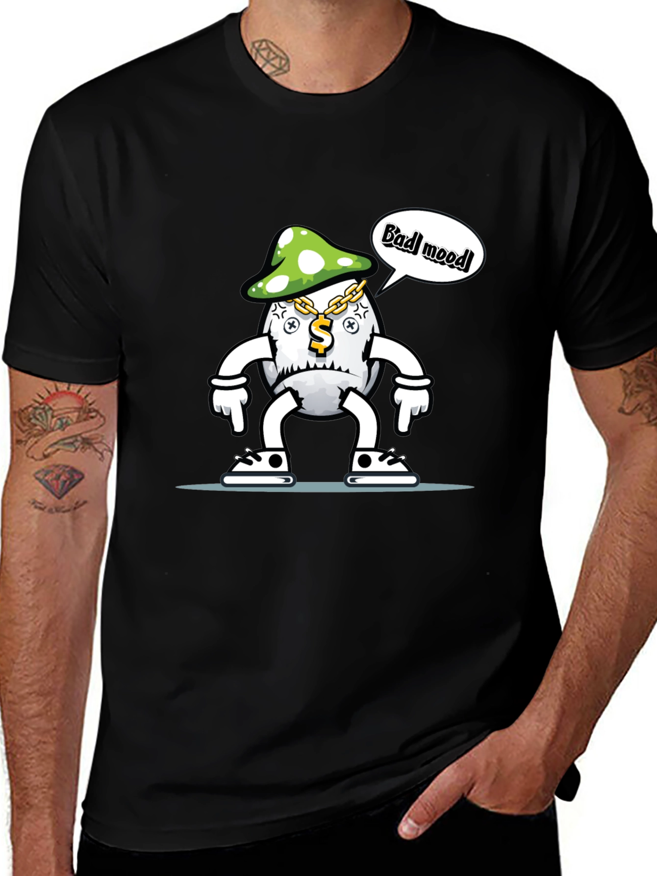 Bad Mood Mushroom Cartoon Black T-Shirt