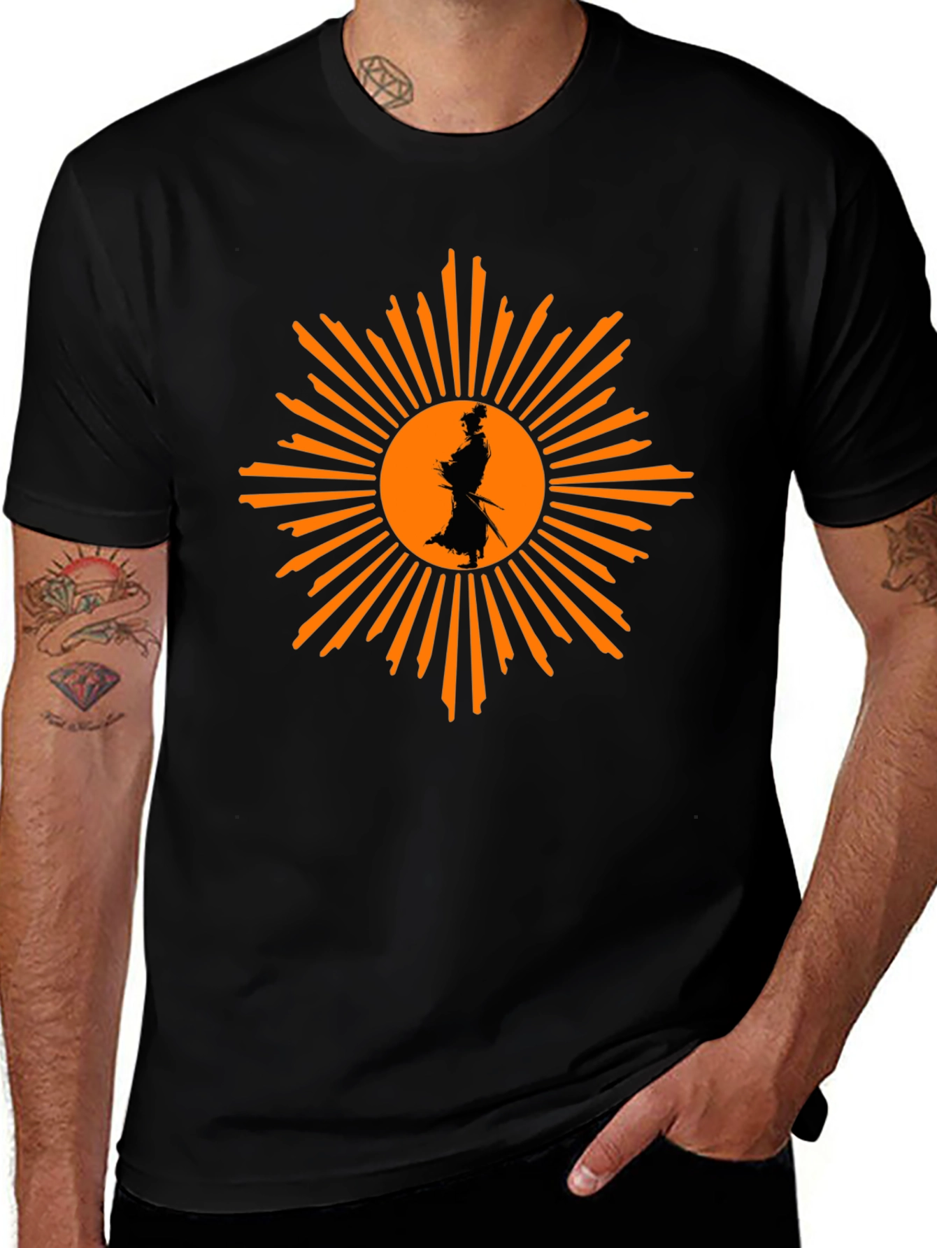 Variant 5 of Samurai Sunburst Graphic T-Shirt - Black Cotton Tee