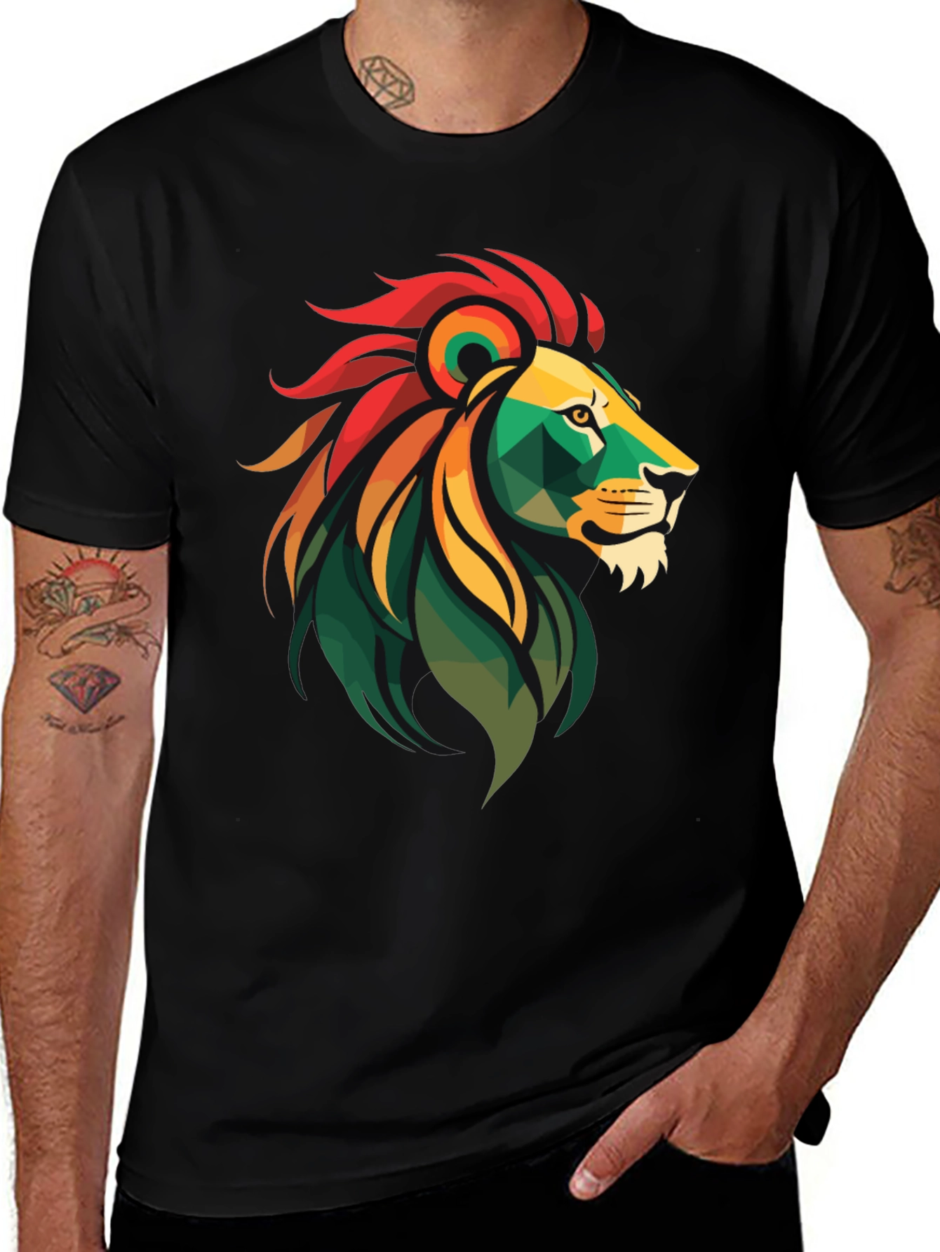Geometric Lion Head Graphic Tee - Black