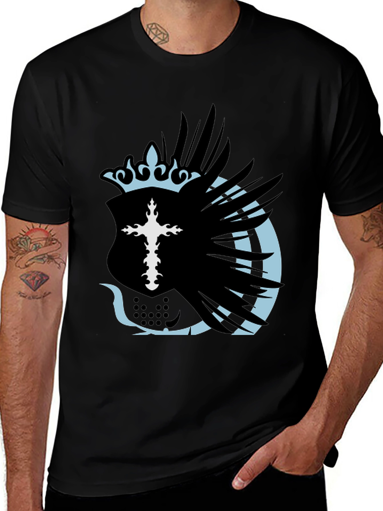 Variant 8 of Crown & Cross Shield Graphic Tee - Stylish Men's Black T-Shirt