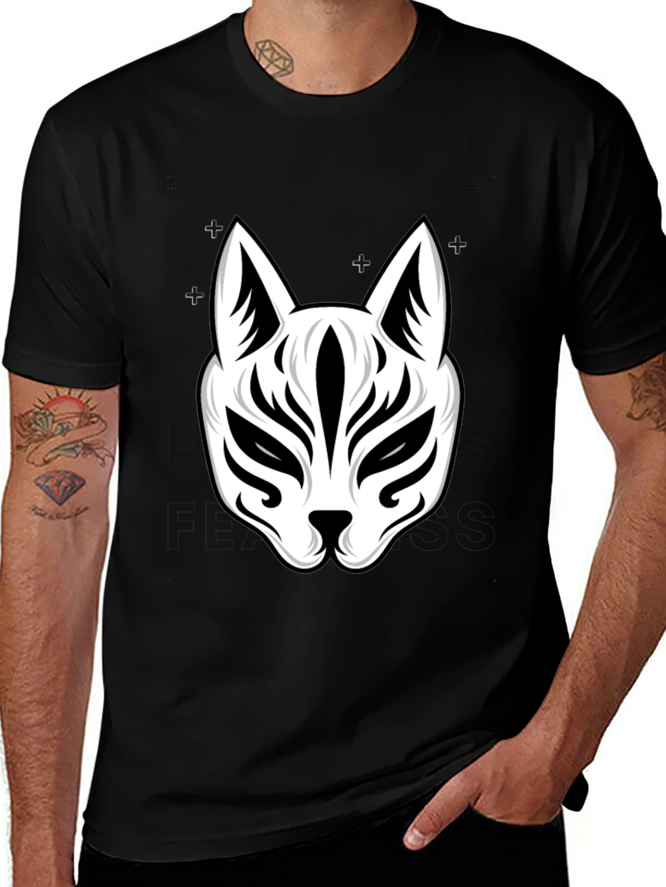 Variant 20 of Black T-Shirt with White Kitsune Mask Graphic